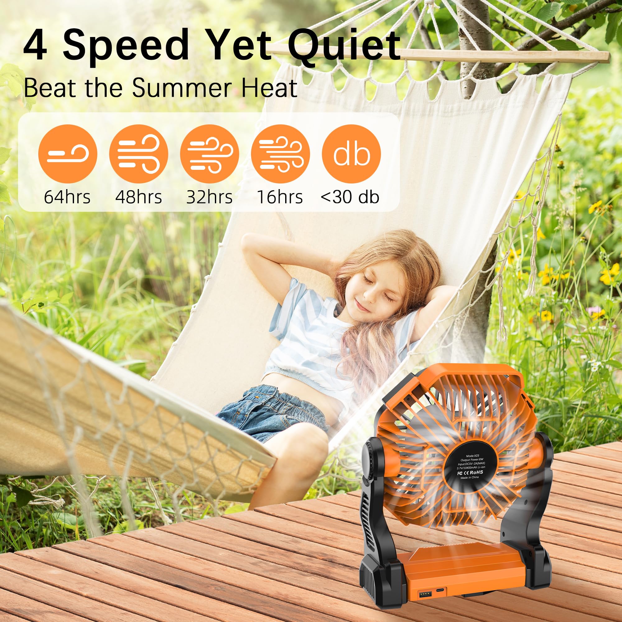 Portable Camping Fan Rechargeable With Led Lantern - 20000Mah Cordless Battery Powered Fan, 4 Speed Quiet Usb Table Desk Fan, Ba