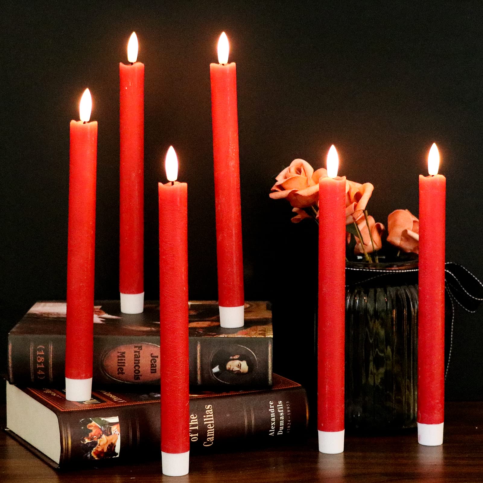 Genswin Flameless Red Taper Candles Flickering With 10 Key Remote, Battery Operated Led Warm 3D Wick Light Window Candles Real W