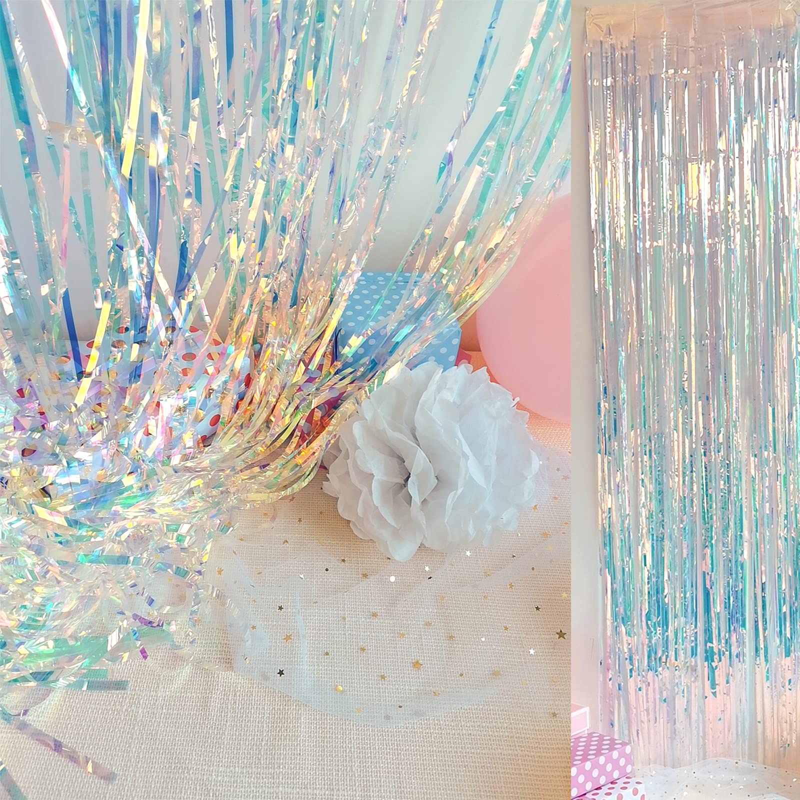 Chrorine 2Pcs 1M X 2.5M Rainbow Curtains Tinsel Foil Fringe Curtain Streamers Backdrop For Princess Unicorn Mermaid Pastel Rainb