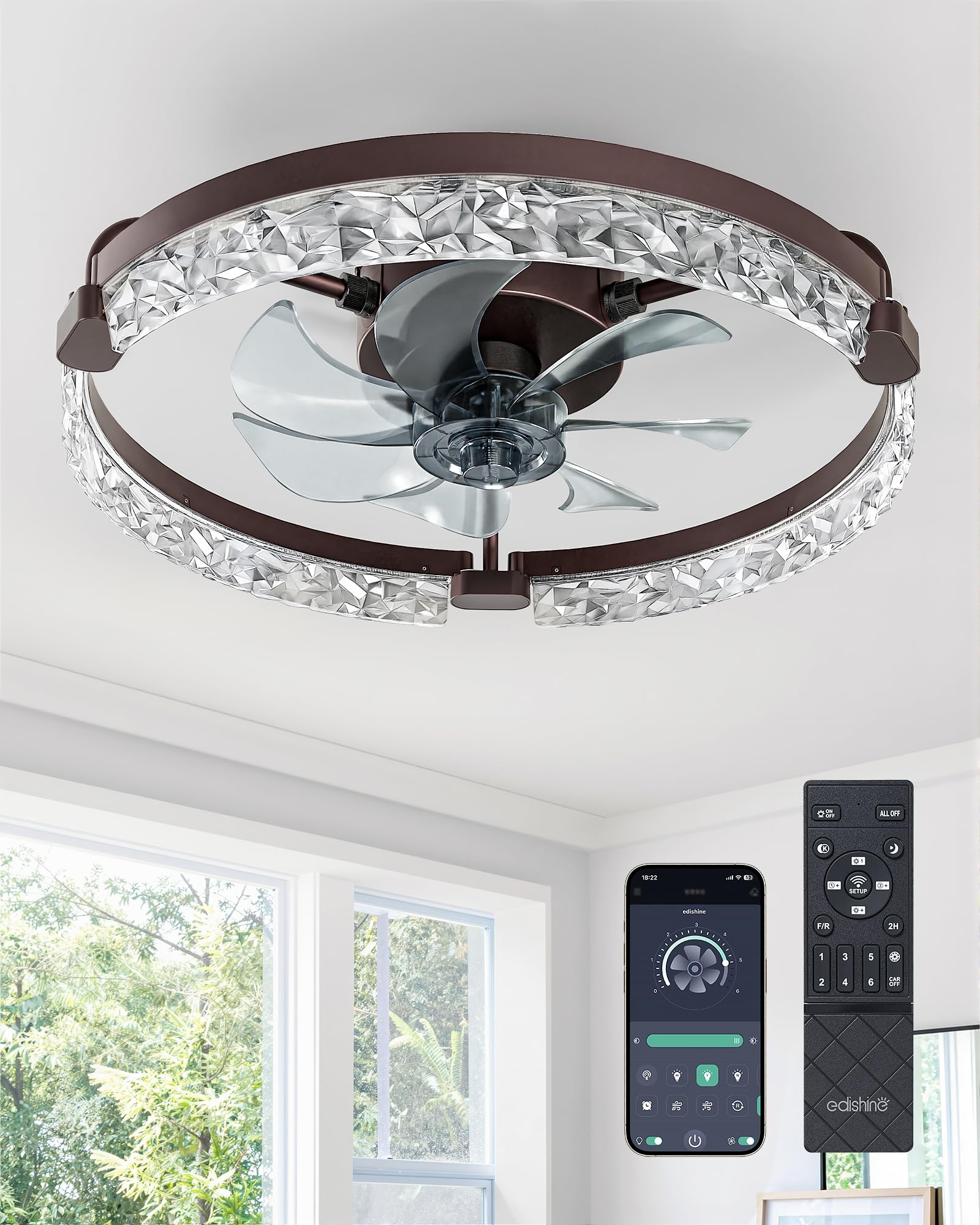 EDISHINE 20 Ceiling Fans with Lights and Remote, LED Low Profile Fan Light, 3000-6000K Dimmable, 6 Speeds Flush Mount Ceiling 