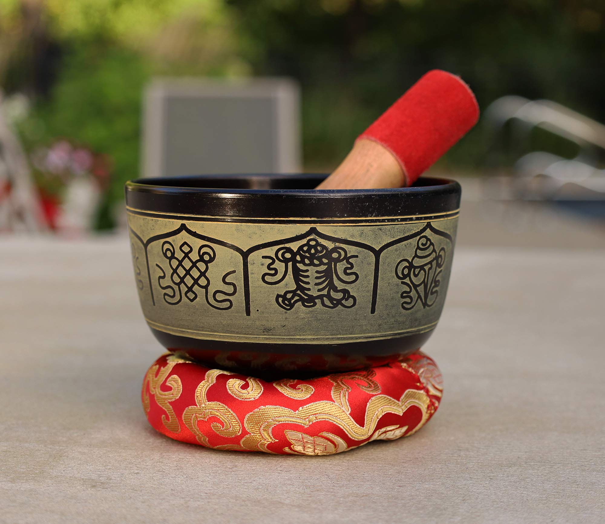DharmaObjects Tibetan Meditation 8 Lucky Symbols Singing Bowl Mallet Mat Cushion Set (5 Inches, 8 Lucky Symbols)
