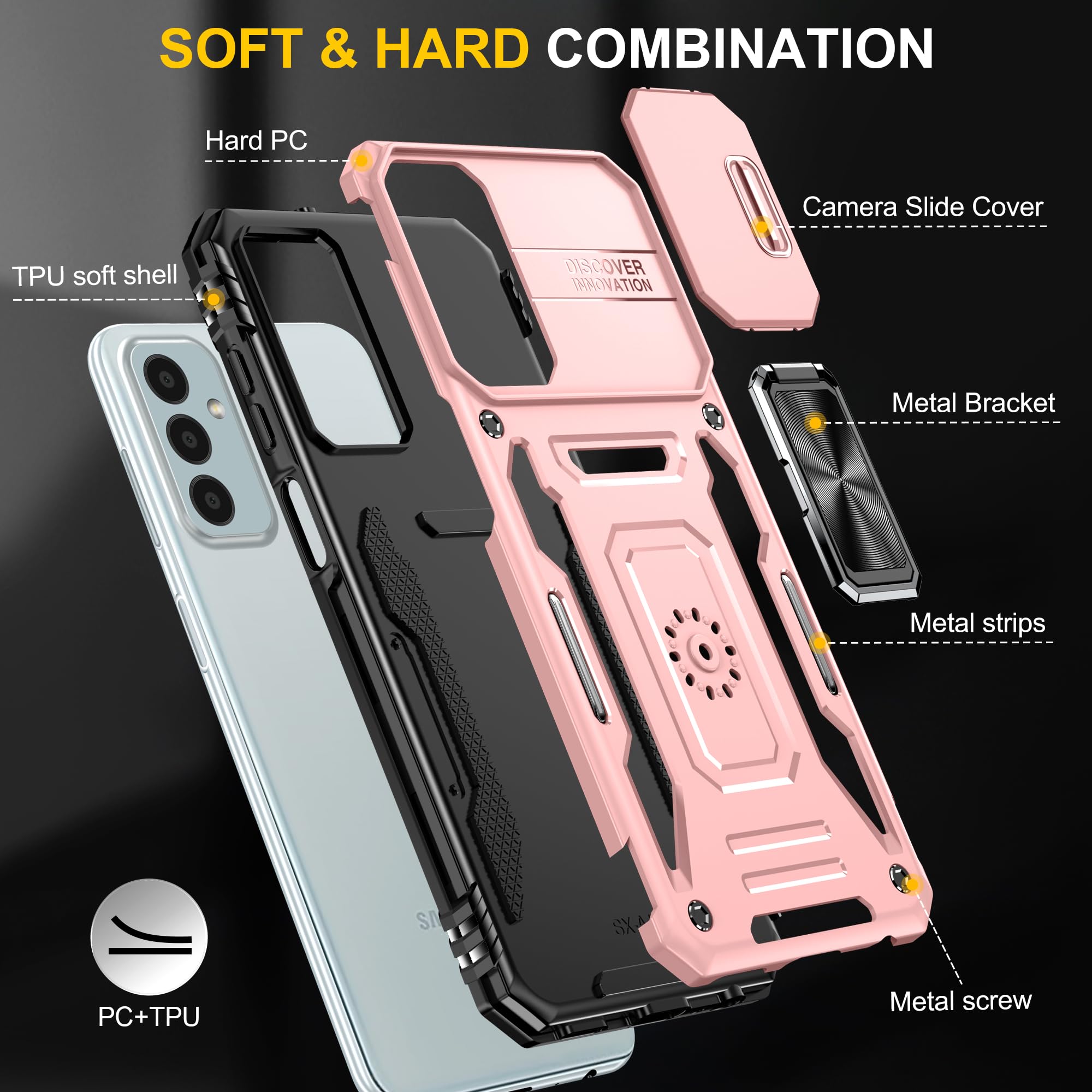 Ezanmull For Samsung Galaxy A15 5G Case With Slide Camera Cover + Screen Protector(2 Packs), Rotated Ring Kickstand Military Gra