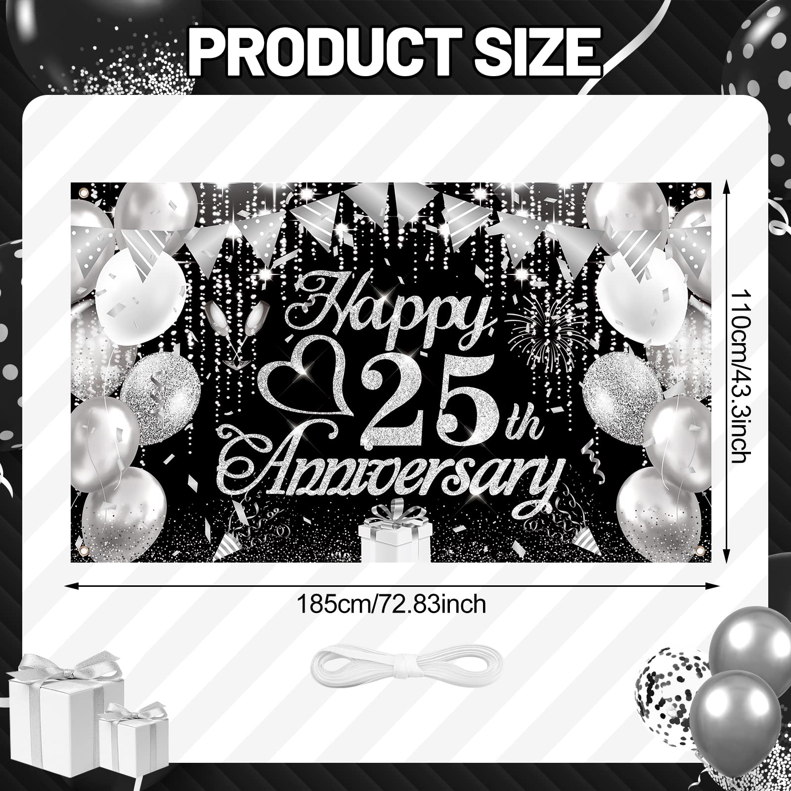 25Th Wedding Anniversary Decorations Black Silver Happy 25Th Anniversary Banner 25Th Wedding Anniversary Banner For 25Th Anniver