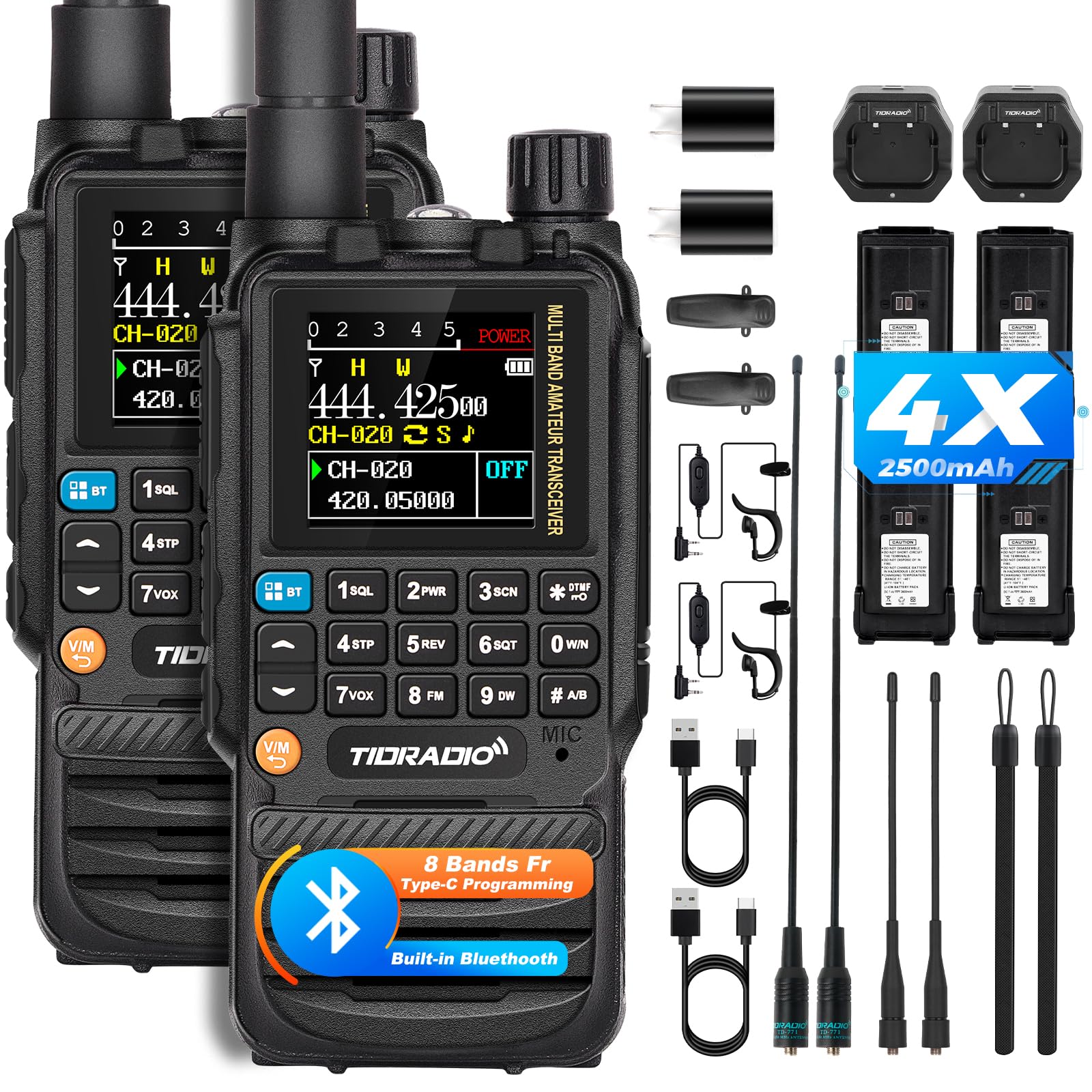 Tidradio Td H3 Ham Radio Type C & Wireless Programming(4Pcs Batteries),8 Band Long Range Walkie Walkies Rechargeable Handheld Po