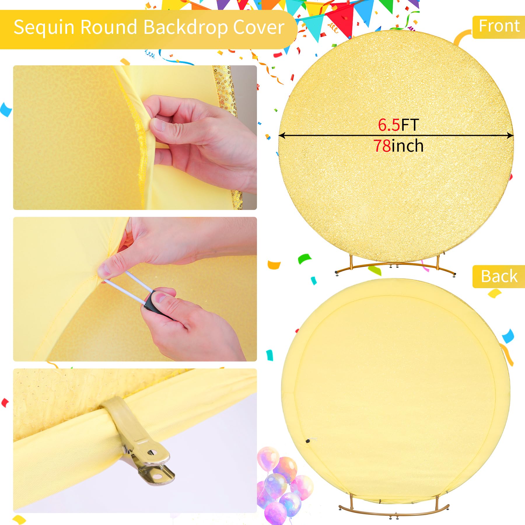 Gold Sequin Round Backdrop Cover 6.5Ft Glitter Circle Backdrop Cover Beautiful Sparkly Photo Backdrop Balloon Arch Cover For Bir