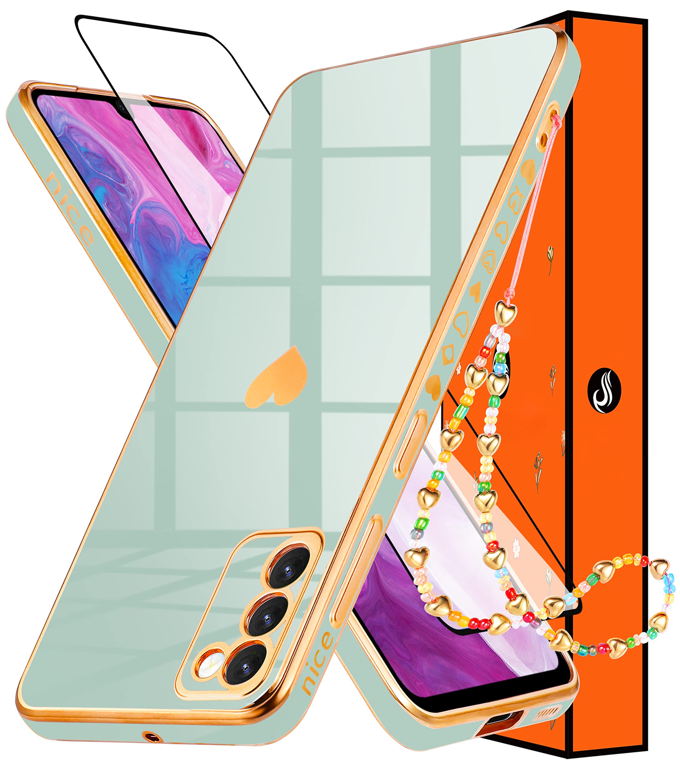 Shorogyt (3In1 Heart Case For Samsung Galaxy S20 Fe 5G/4G 6.5 Inch Women Cute Aesthetic Love Hearts Pattern Girls Light Blue Gol