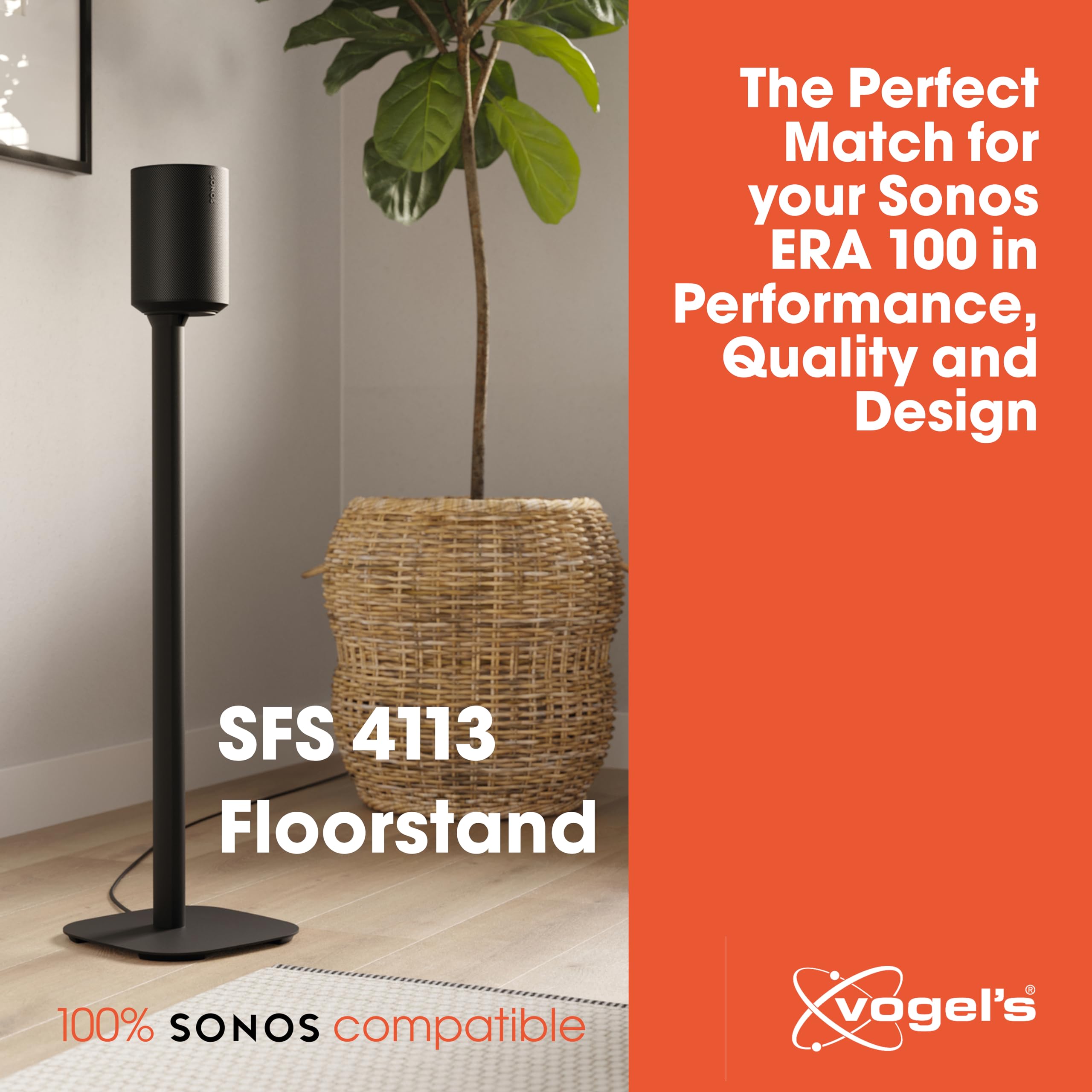 Vogel'S Sfs 4113 Speaker Floor Stand For Sonos Era 100, Cable Inlay System, Height: 32,3 Inch (82 Cm), Max. 11 Lbs (5 Kg), Black