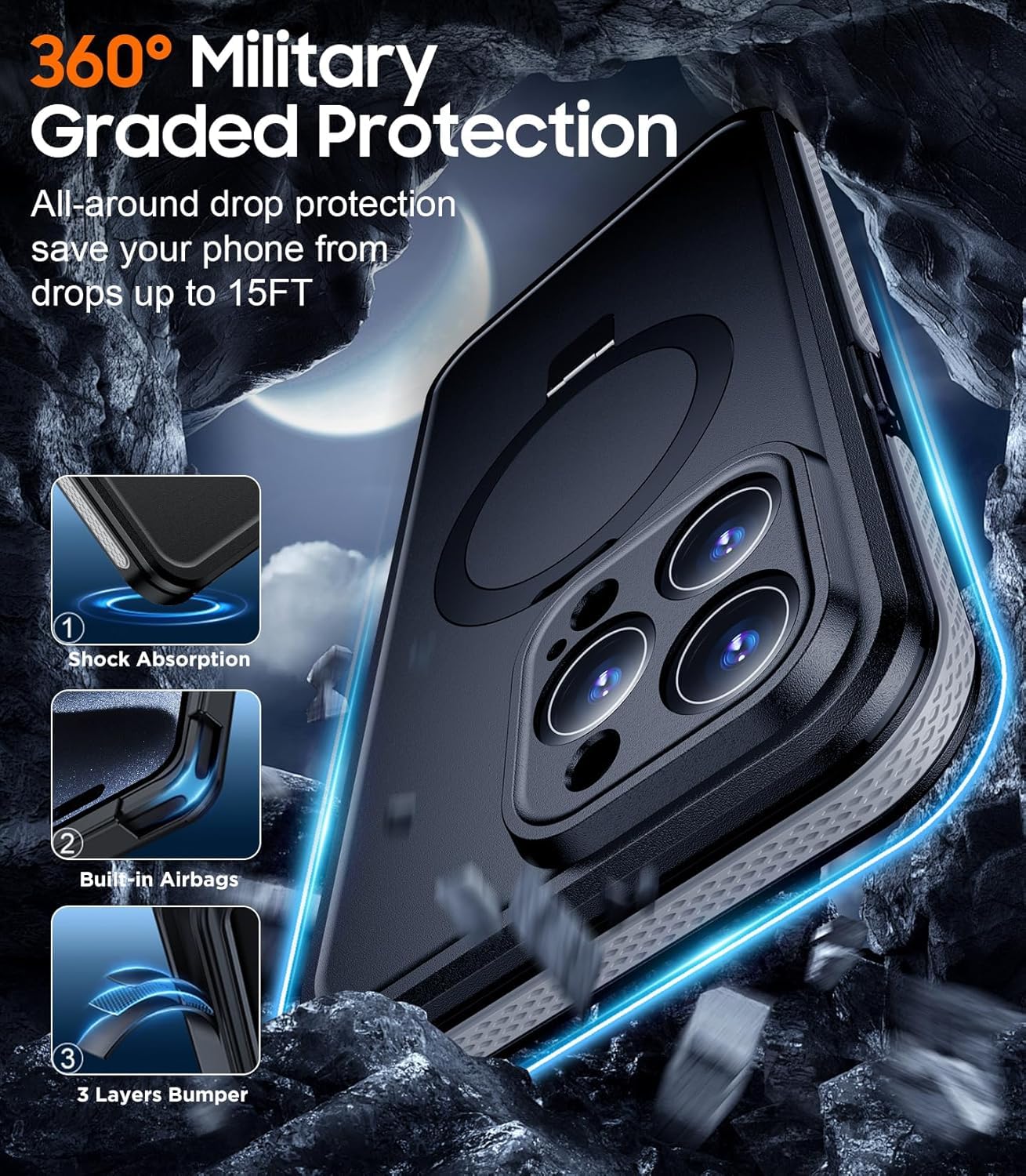 Temdan Magnetic For Iphone 15 Pro Case Waterproof,[Ip68 Underwater] [Built In Ring Invisible Stand & Screen Protector][Drop Resi