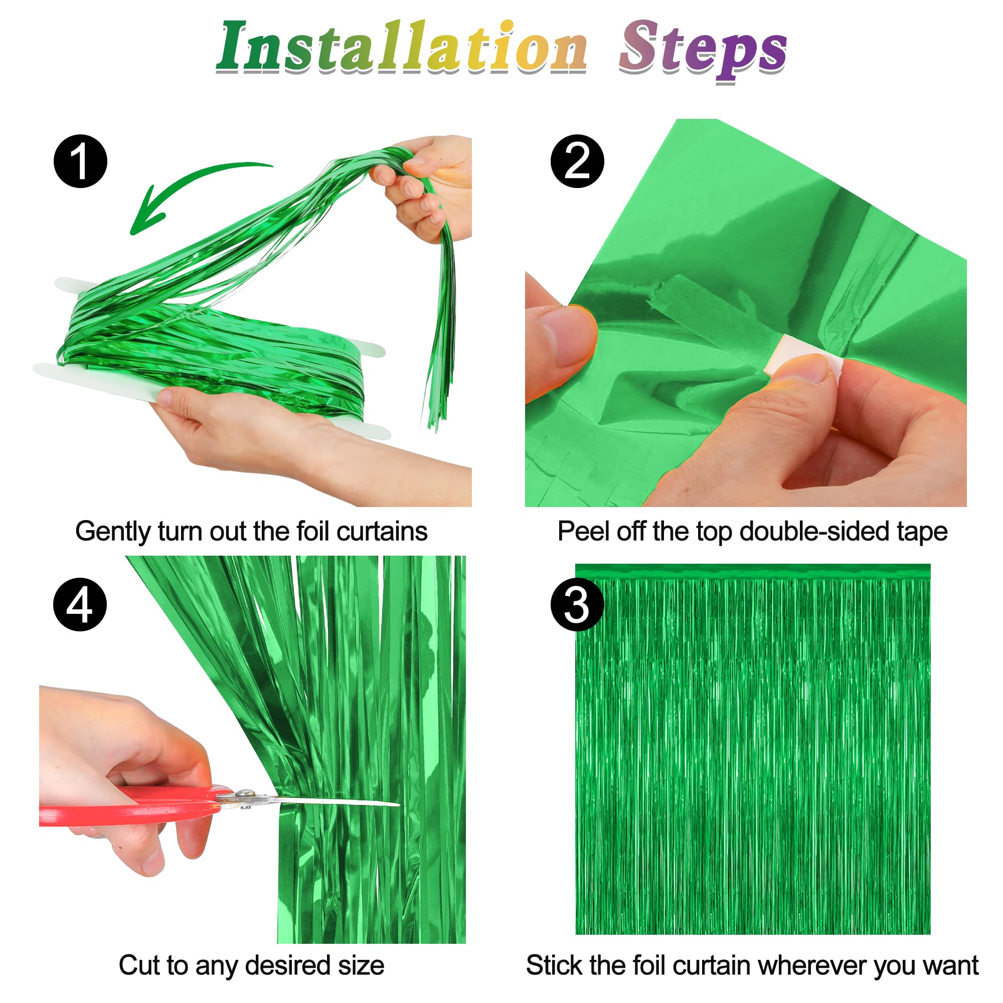 4 Pack Green Streamers, 3.28 Ft X 7.05 Ft Birthday Tinsel Backdrop, Metallic Green Foil Fringe Curtains Photo Booth Backdrop, Gr