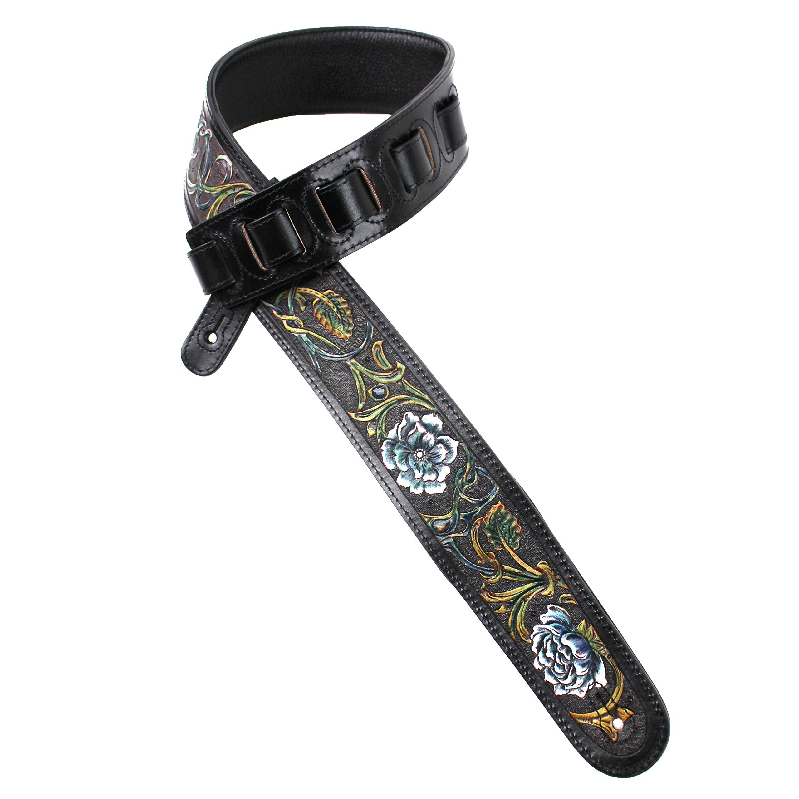 Walker And Williams Lhr 13 Handmade Black Premium Carved Leather Guitar Strap With Prussian Blue And White Western Floral Carvin