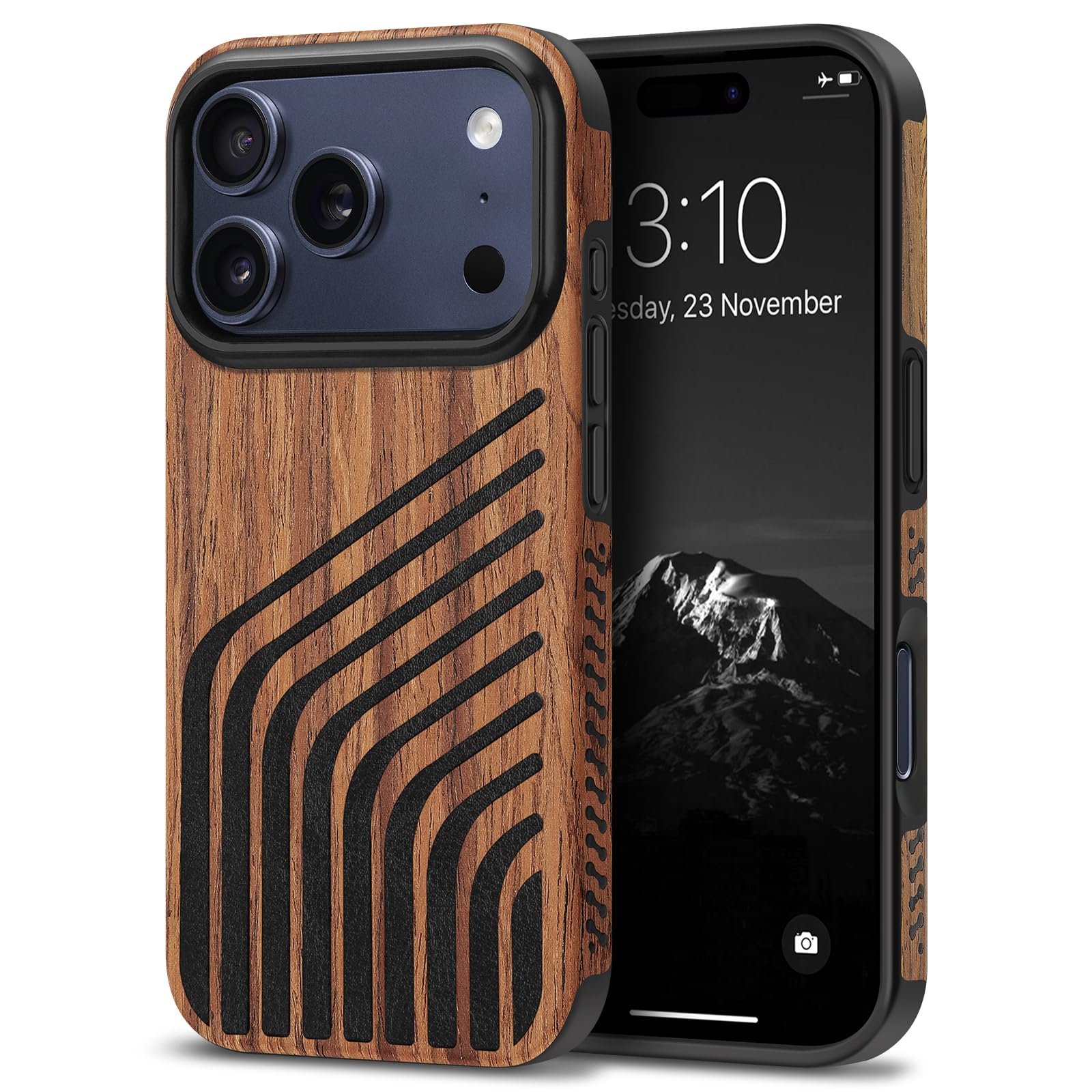 TENDLIN Compatible with iPhone 17 Pro Max Case Wood Grain with Carbon Fiber Texture Design Leather Hybrid Slim Case (Hairline)