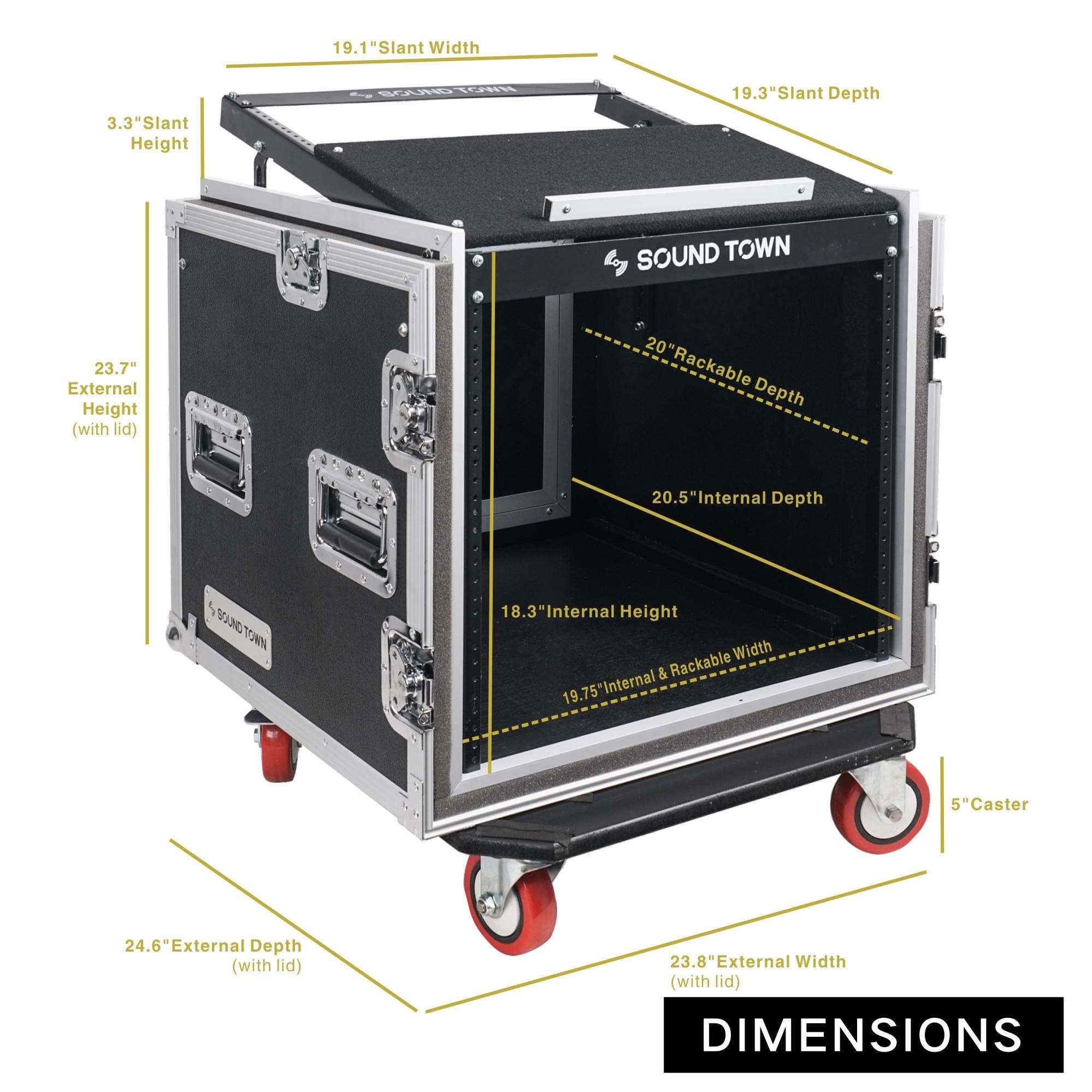 Sound Town Shock Mount 10U Ata Rack Case With 20    Rackable Depth, 11U Slant Mixer Top And Casters, 10 Space Size   Pro Tour Gr