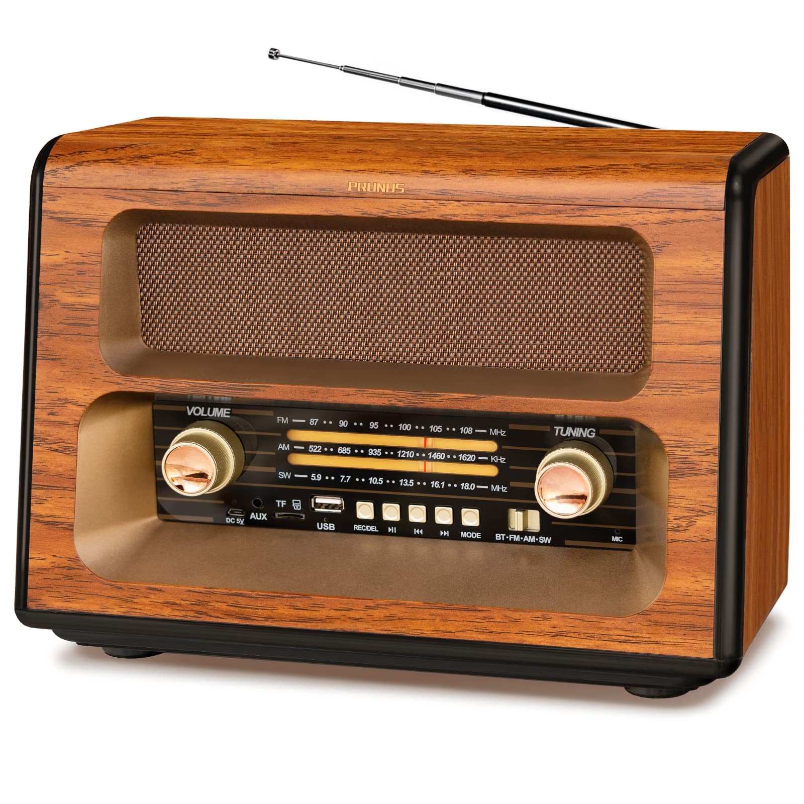 Prunus J 199 Large Retro Vintage Radio Bluetooth, 15W Crystal Clear Speaker Am Fm Sw, Support Aux/Tf Card/Usb Playing, Ac Charging, Rechargeable Battery And Battery Operated Radio, Mic Recording