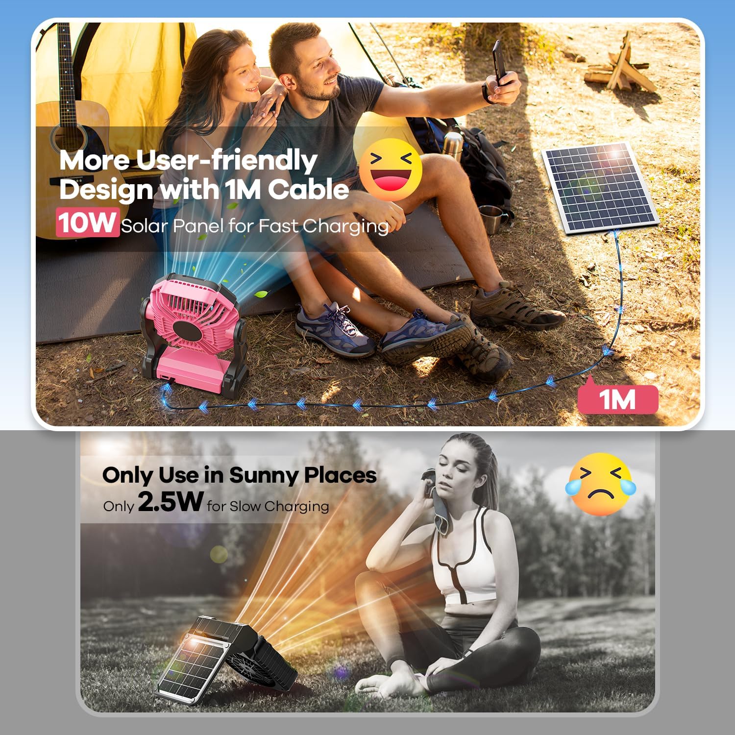 30000Mah Solar Fan With Led Lantern, 10W Solar Panel Rechargeable Battery Powered Camping Fan For Outside, 9 Inch Portable Batte