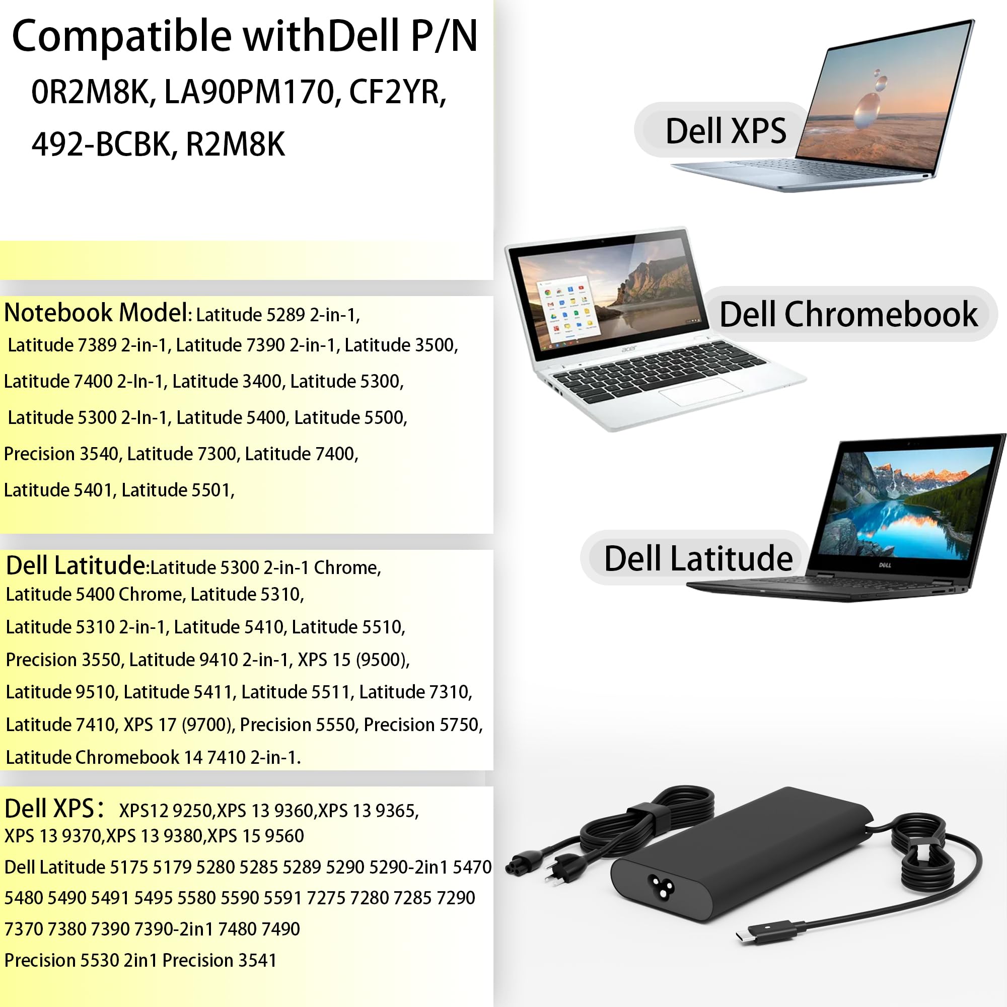 90W Usb C Charger For Dell Laptop,Ac Adapter For Dell Latitude 7300 5420 3400,5289,5300,7420, 5400 Xps 15 13 12 Precision 5530 2