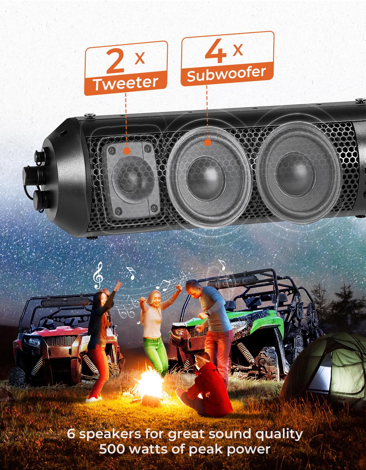 Kemimoto Utv Sound Bar 28-Inch 6 Speakers Sxs Sound Bar Wireless Control Bluetooth-Compatible X3 Speakers Compatible With Polari