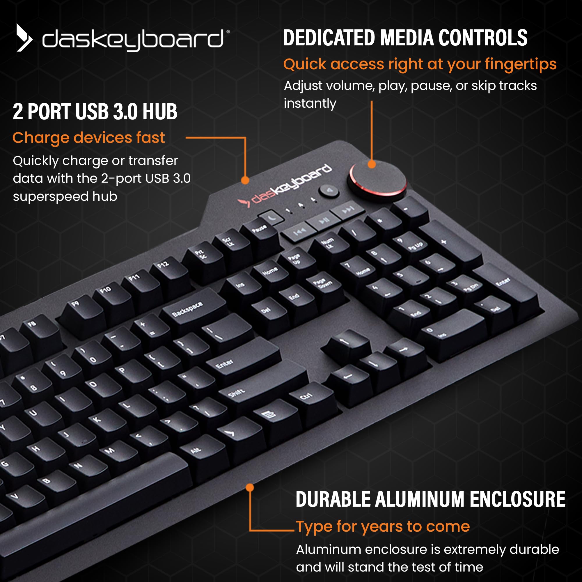Das Keyboard 4 Professional Wired Mechanical Keyboard, Cherry Mx Blue Mechanical Switches, 2 Port Usb 3.0 Hub, Volume Knob, Aluminum Top (104 Keys, Black)