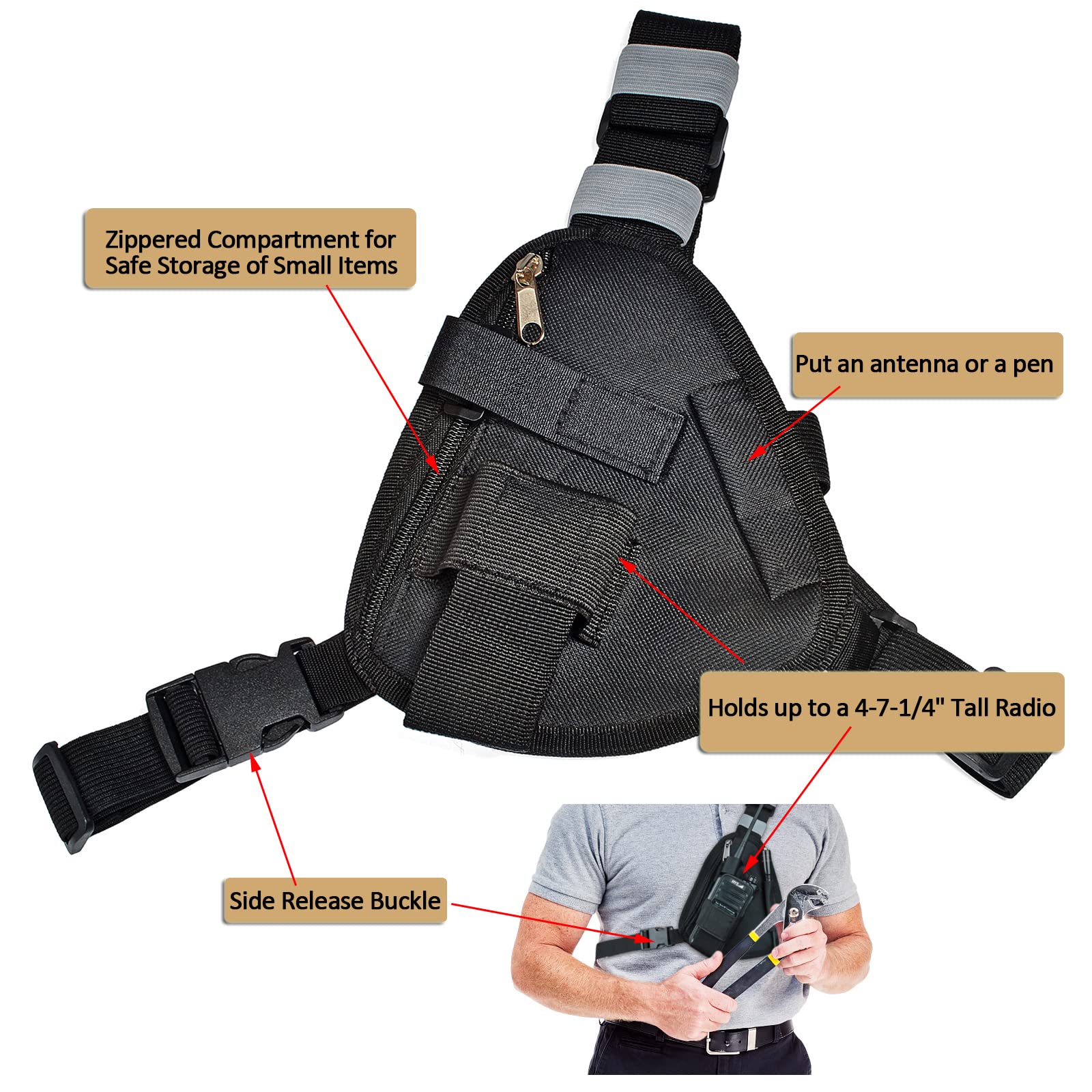 Hys Nylon Chest Harness Pack, Adjustable Shoulder Strap With An Adjustable Single Radio Pouch For Motorola Baofeng Kenwood Midland Handheld 2 Way Radios/Walkie Talkies (Black, Small)
