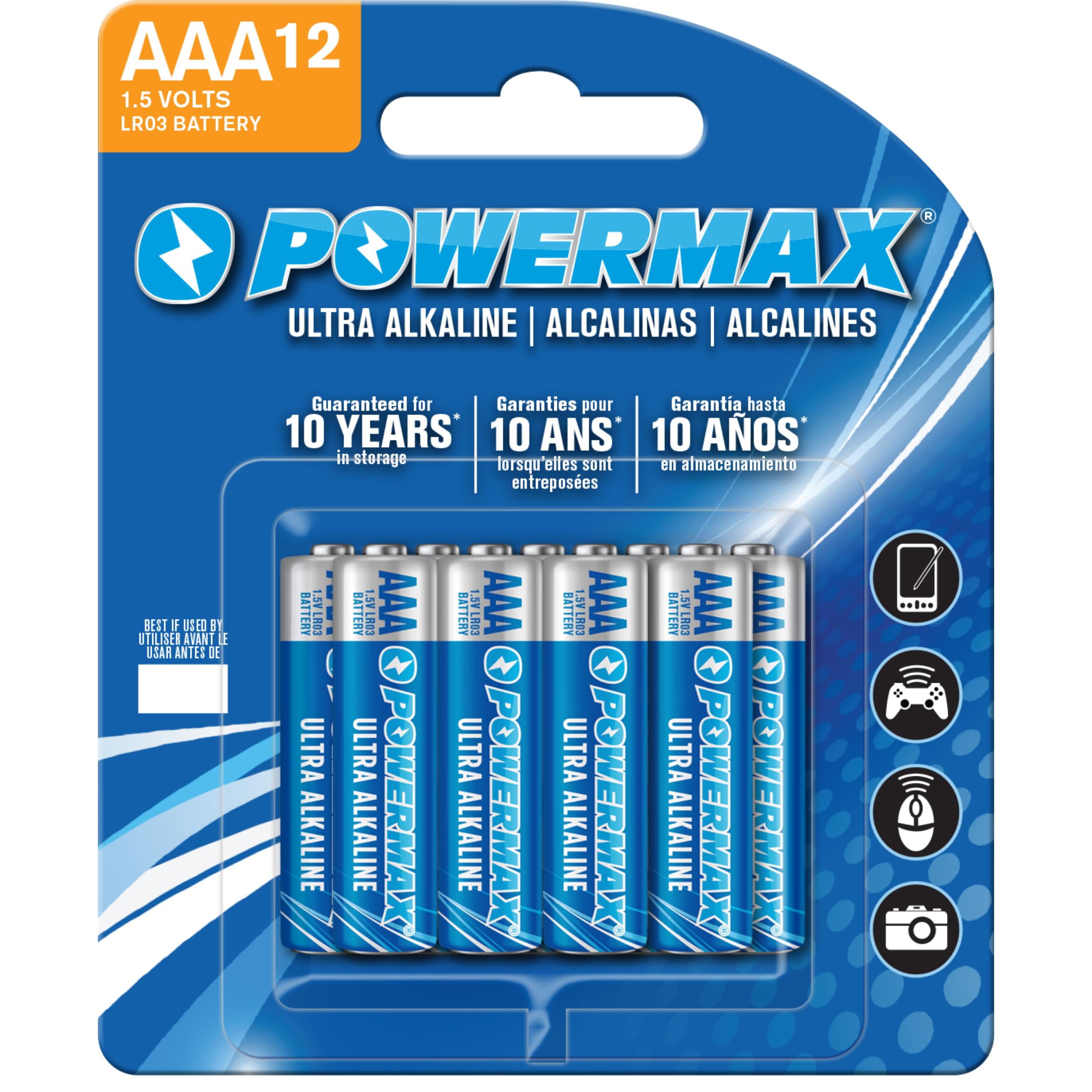 Powermax 12 Count Triple Aaa Batteries, Ultra Long Lasting Alkaline Battery Blister Pack, 10 Year Shelf Life