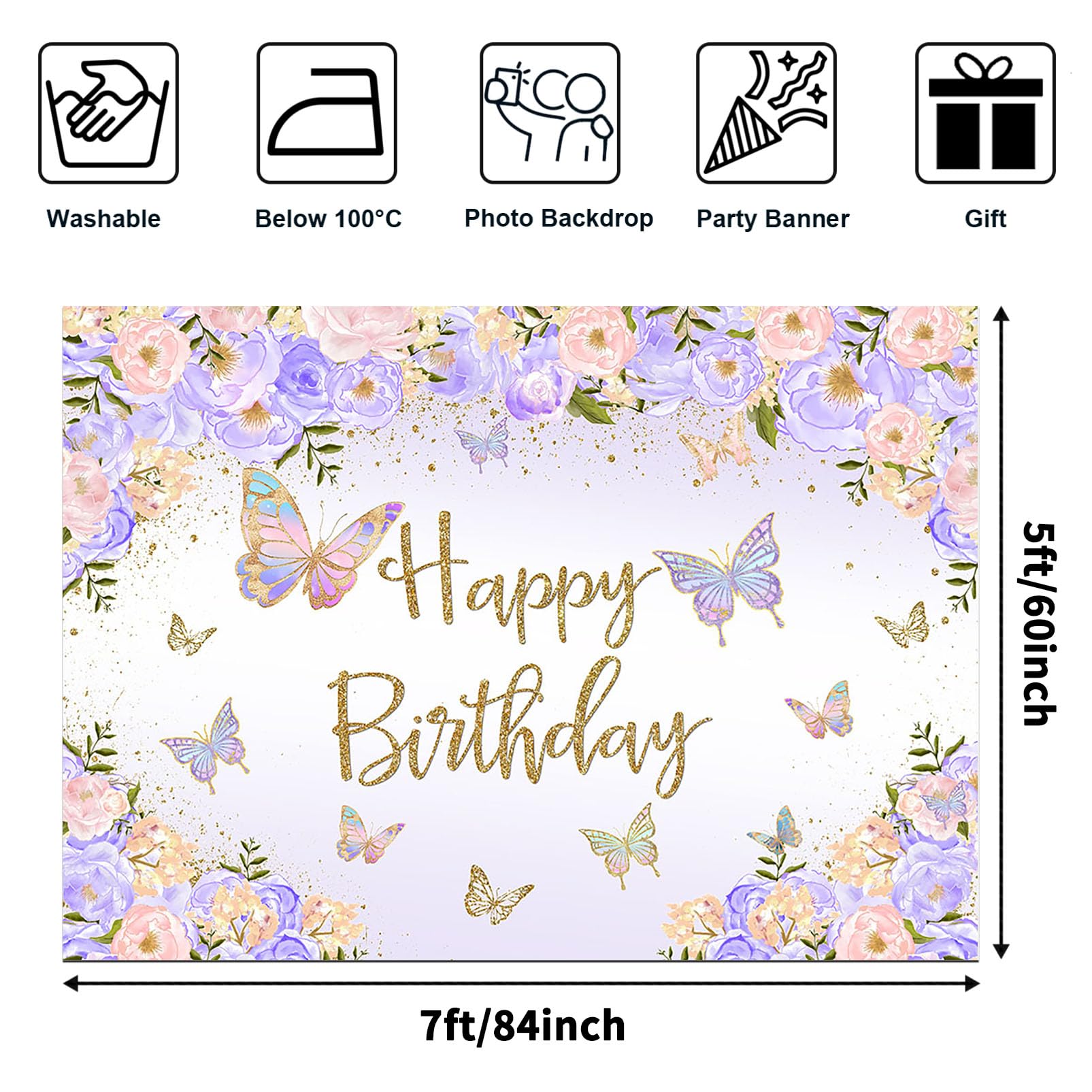 Avezano Purple Butterfly Birthday Backdrop For Girl'S Purple Peach Floral Pastel Butterflies Birthday Background Pink Lilac Purp