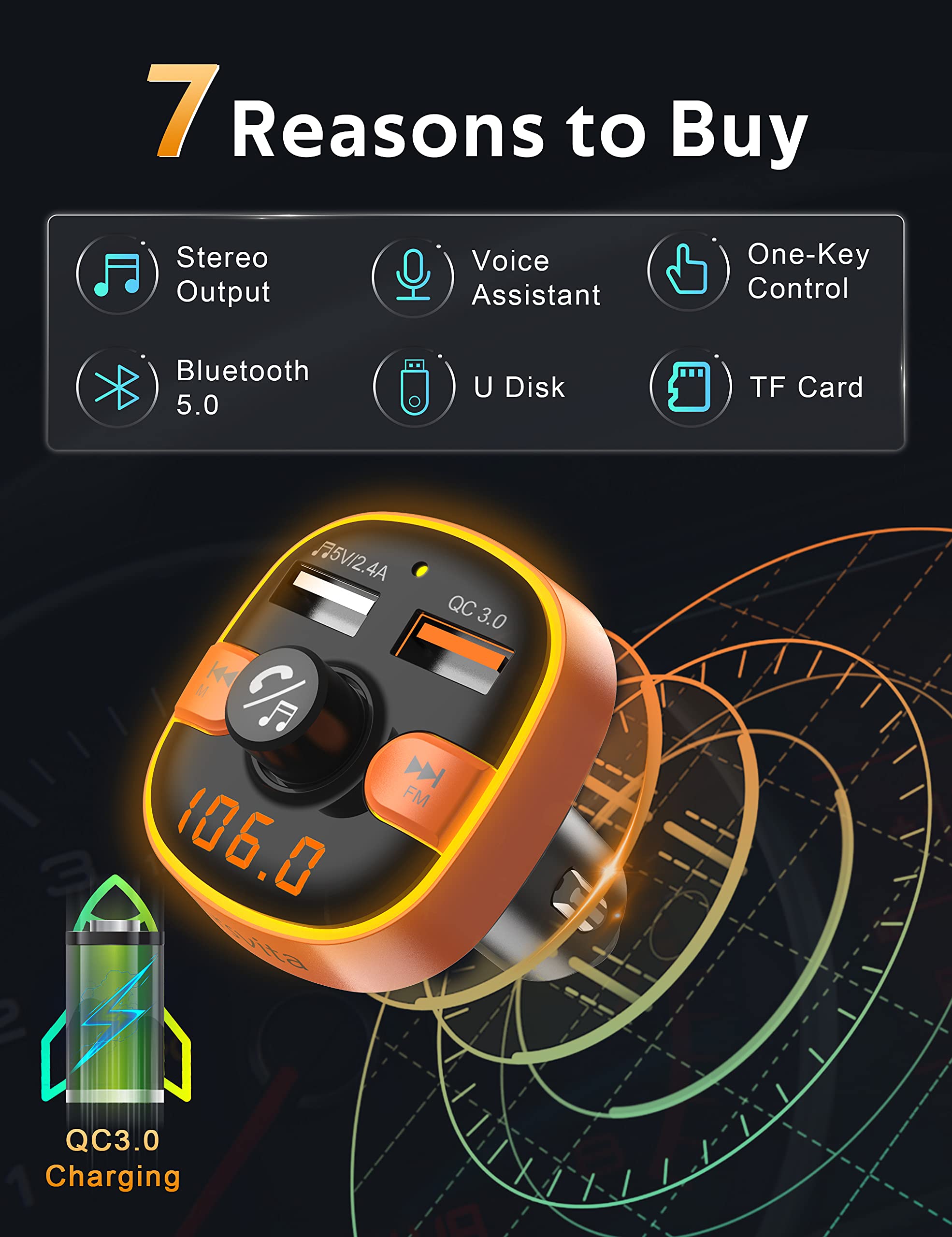 Upgraded Arsvita Bluetooth Fm Transmitter For Car, Radio Receiver/Audio Adapter With Dual Car Charger, Support Qc3.0 Quick Charging, Hands Free Calling And Hi Fi Sound Playback, Orange