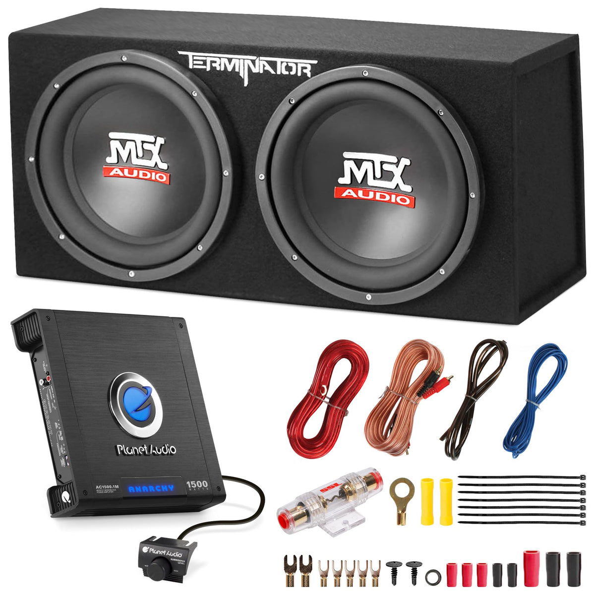 MTX 12 Inch Subwoofer Enclosure, Planet Audio 1500 Watt Amp, and Soundstorm 8GA Wiring Kit