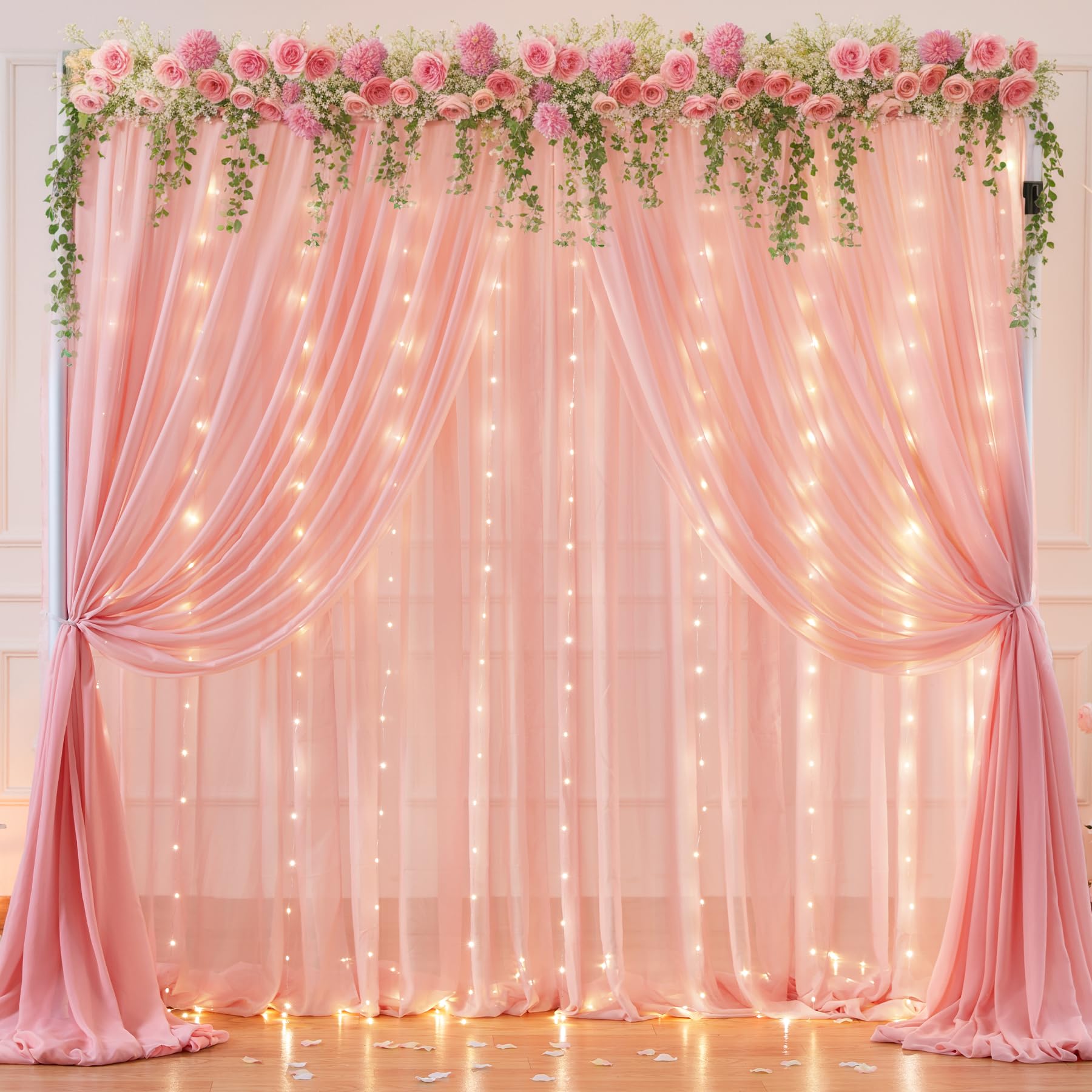 10Ft X 7Ft Baby Pink Chiffon Backdrop Curtain With Lights String For Parites Wedding Wrinkle Free Curtain Photo Backdrops Drapes