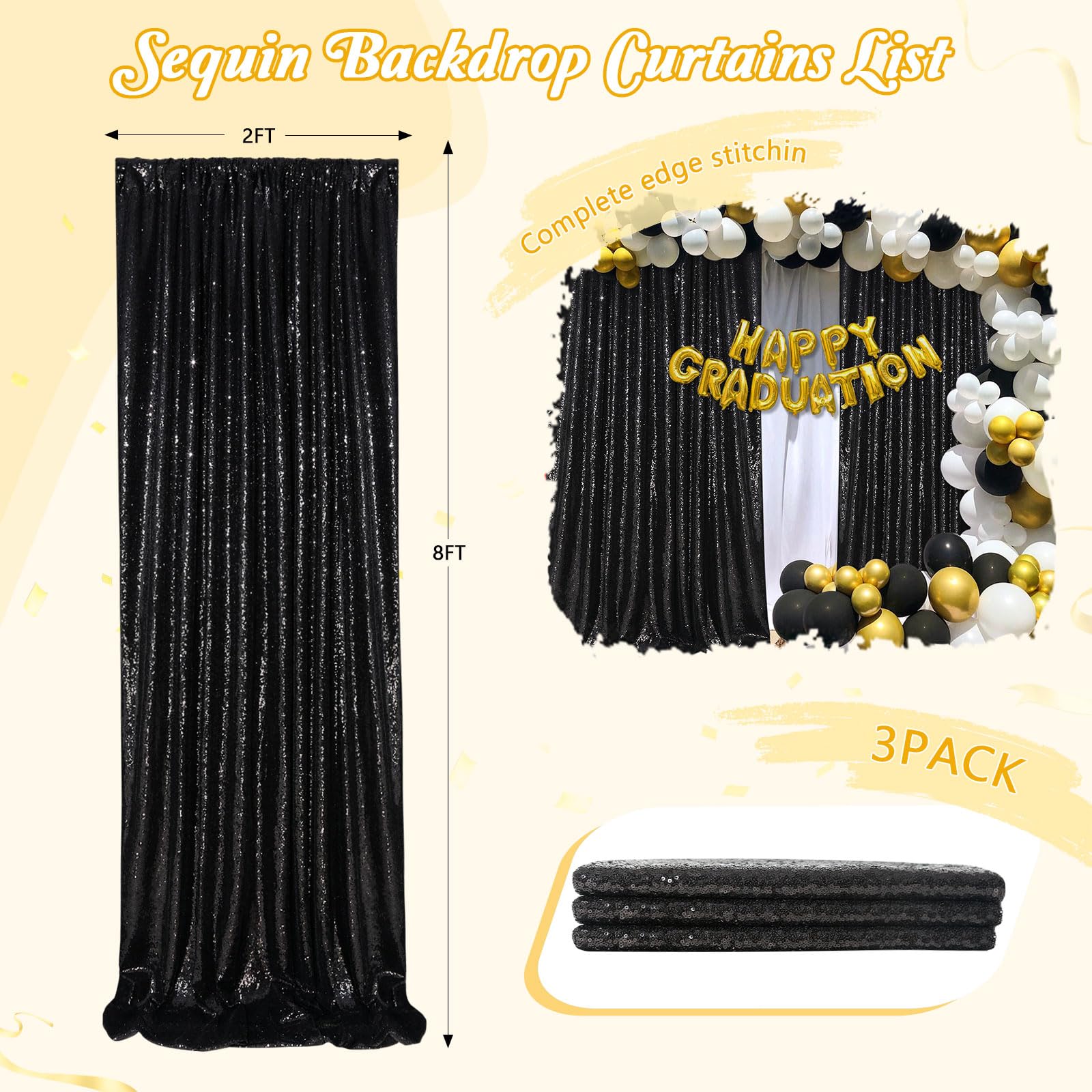 Black Backdrop For Graduation Decorations: 2Ftx8Ft Black Sequin Halloween Backdrop Curtains Panels Wedding Ceremony Party Home D