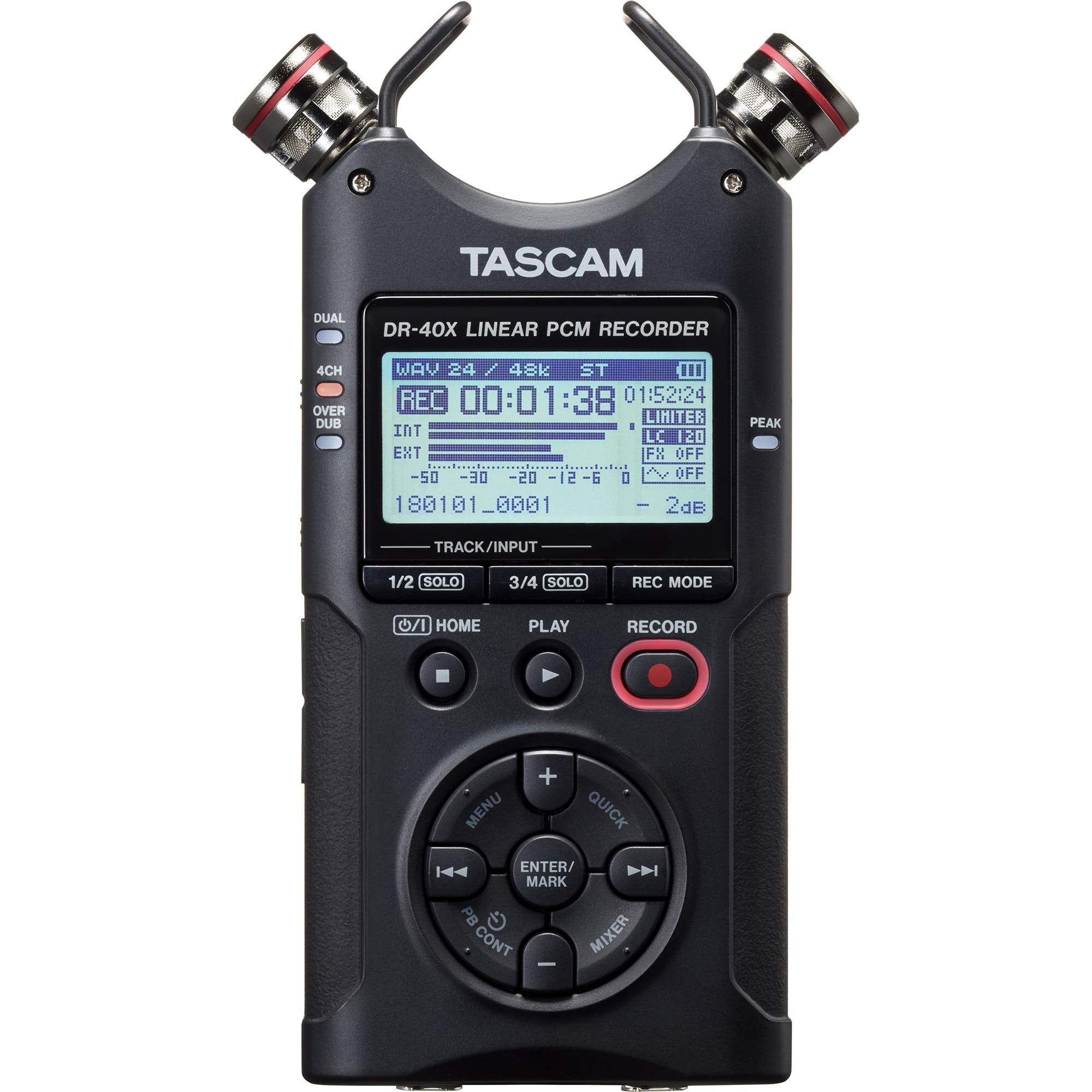 Tascam Dr 40X 4 Track Portable Handheld Field Recorder   2 Xlr/Trs Inputs, Usb Audio Interface, Dual Adjustable Microphones For