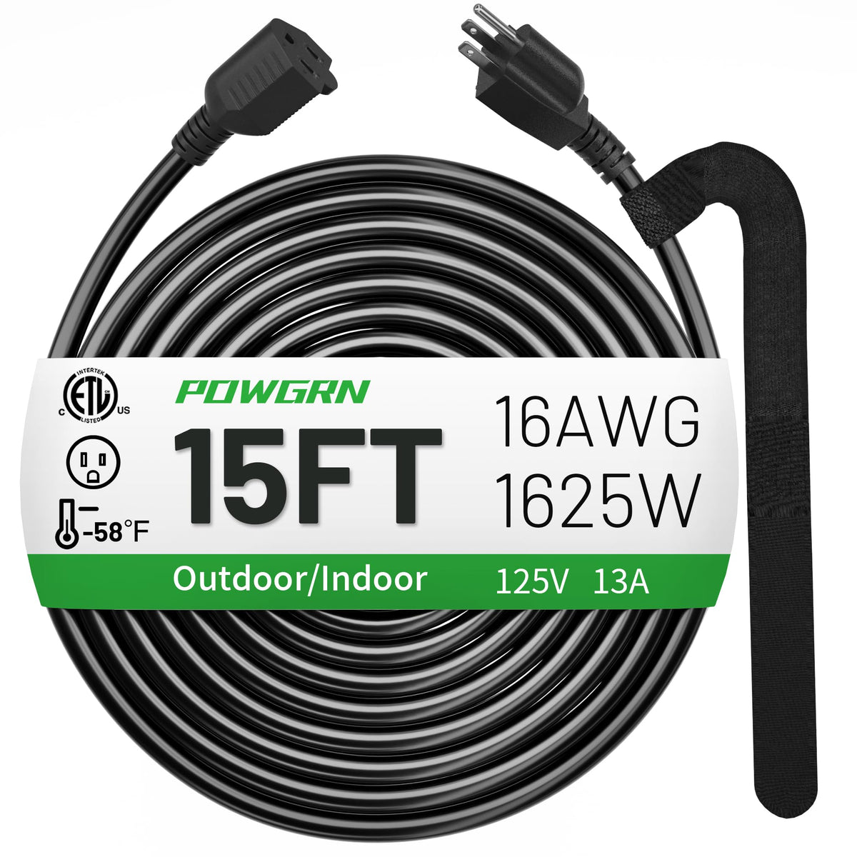 Powgrn 15 Ft 16/3 Black Indoor Outdoor Extension Cord Waterproof, 3 Prong Flexblie Sjtw Cold Weatherproof  50?C Appliance Extens