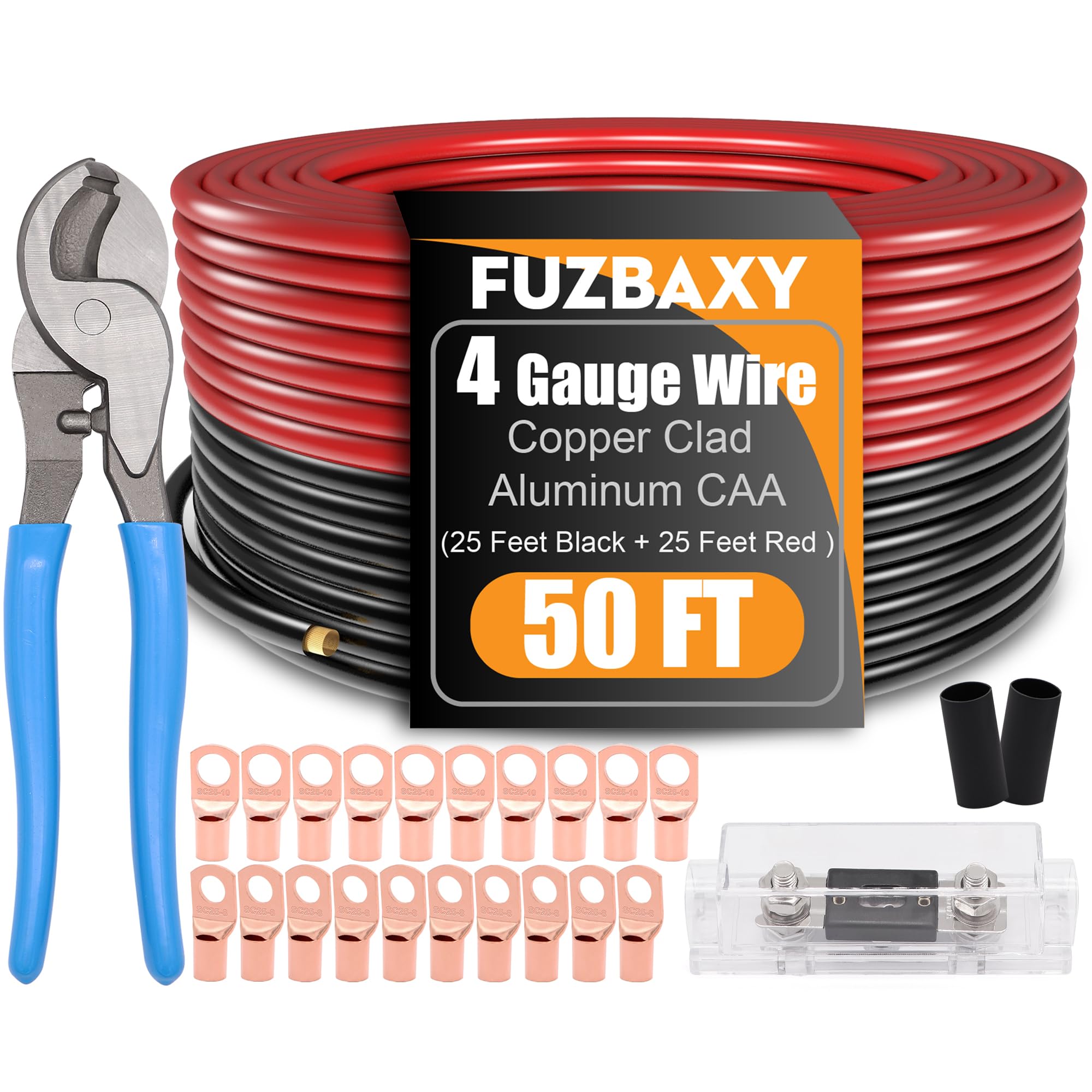4 Gauge Wire (25 Feet Black+25 Feet Red) Copper Clad Aluminum Automotive Power Ground Cable Wire,20PCS Lugs Terminal Connectors,