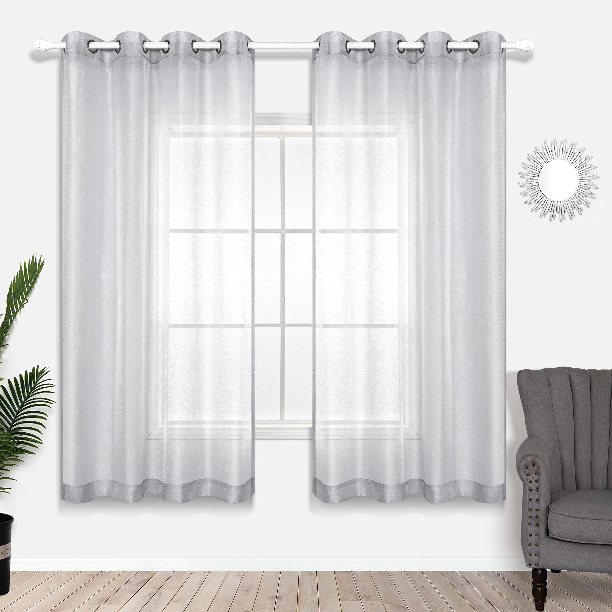 Koufall Silver Curtains 63 Inch Length For Bedroom 2 Panel Sets Grommet Window Sheer Luxury Glam Curtains For Girls Room Decor 5