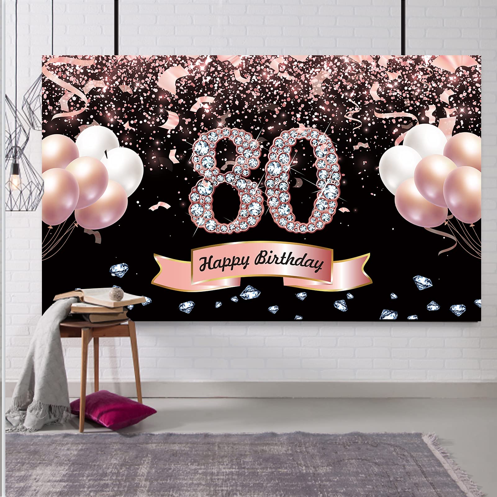 Trgowaul 80Th Birthday Decorations For Women Rose Gold Birthday Backdrop Banner 5.9 X 3.6 Fts Happy Birthday Party Suppiles Phot