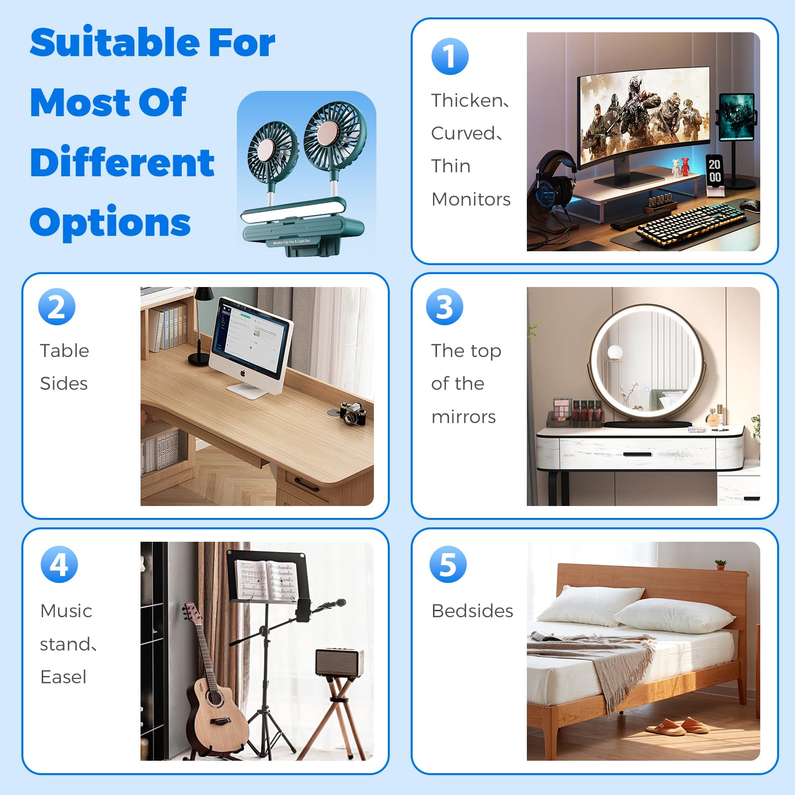 Monitor Lamp Light Bar With Fan Two Head Personal Cooling Fan Monitor Clip Quiet Usb Fan Flip Open Light, Level 3 Brightness Lig
