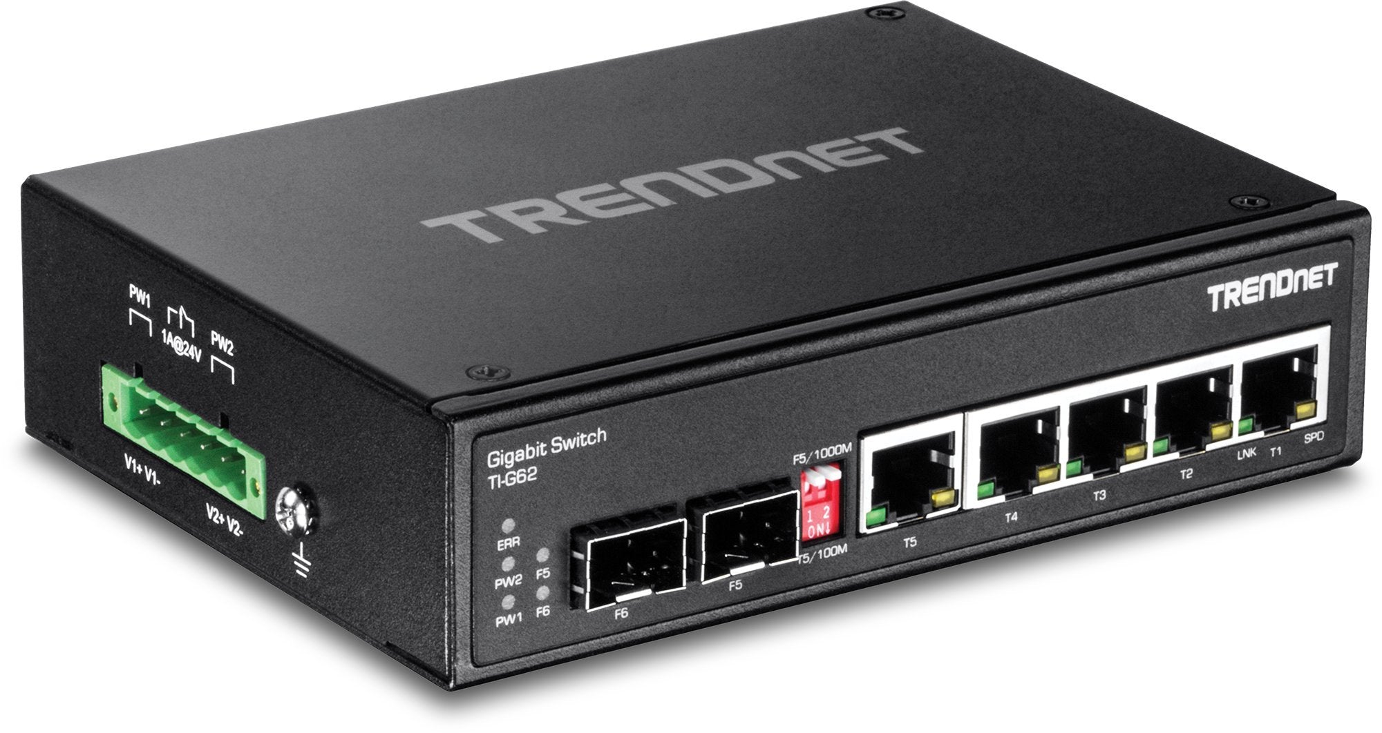 TRENDnet 7-Port Industrial Gigabit DIN-Rail Switch, TI-G62, 5 x Gigabit Ports, 2 x Gigabit SFP Ports, IP50 Weather Rated, 14Gbps