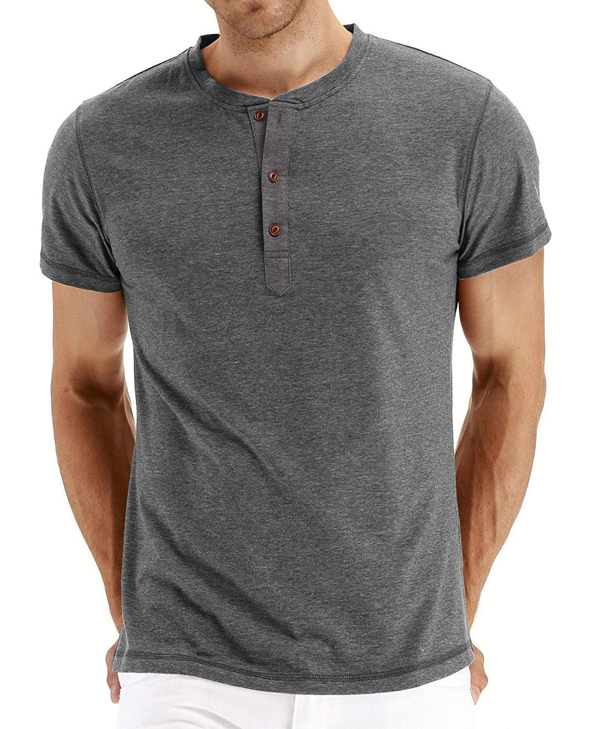 Pegeno Mens Casual Slim Fit Short Sleeve Henley T Shirts Cotton Shirts (Us Small, Dark Gray)