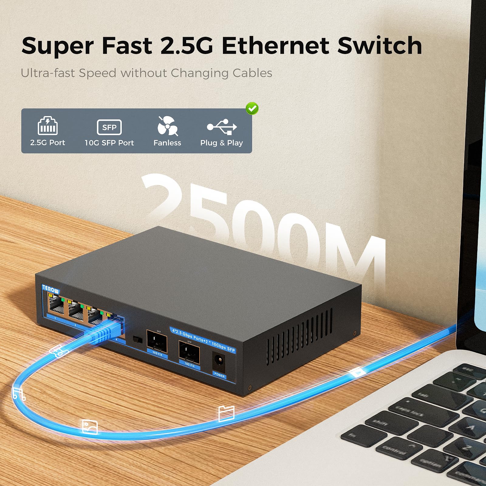 Terow 6 Port 2.5G Ethernet Switch Unmanaged , 4 X 2.5G Base T & 2 X 10G Sfp, Multi Speed Network Switch, Compatible With Gigabit