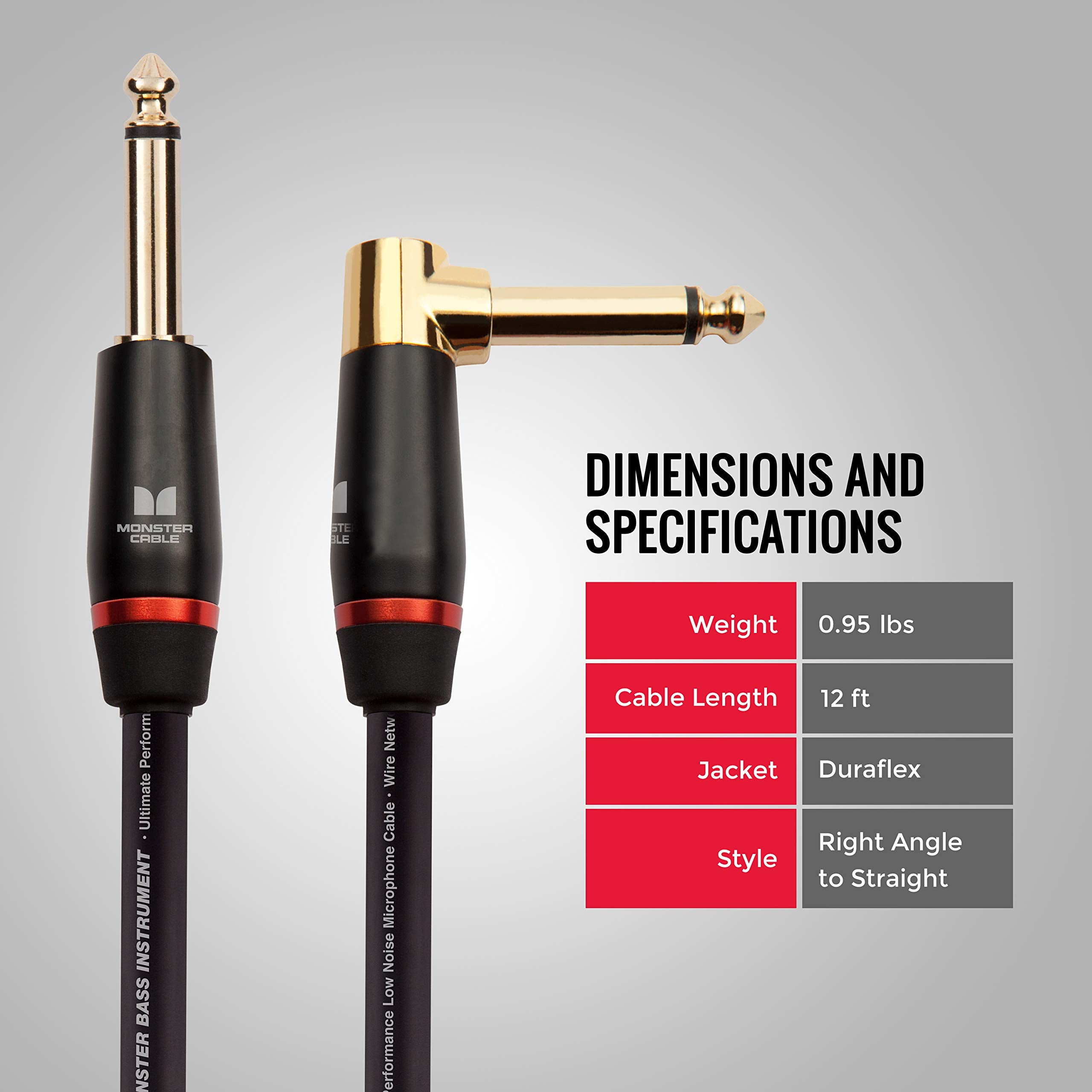 Monster Prolink Monster Bass Instrument Cable. 12 Ft Guitar Cable. Right Angle To Straight Bass Guitar Cable. 95% Copper Braided