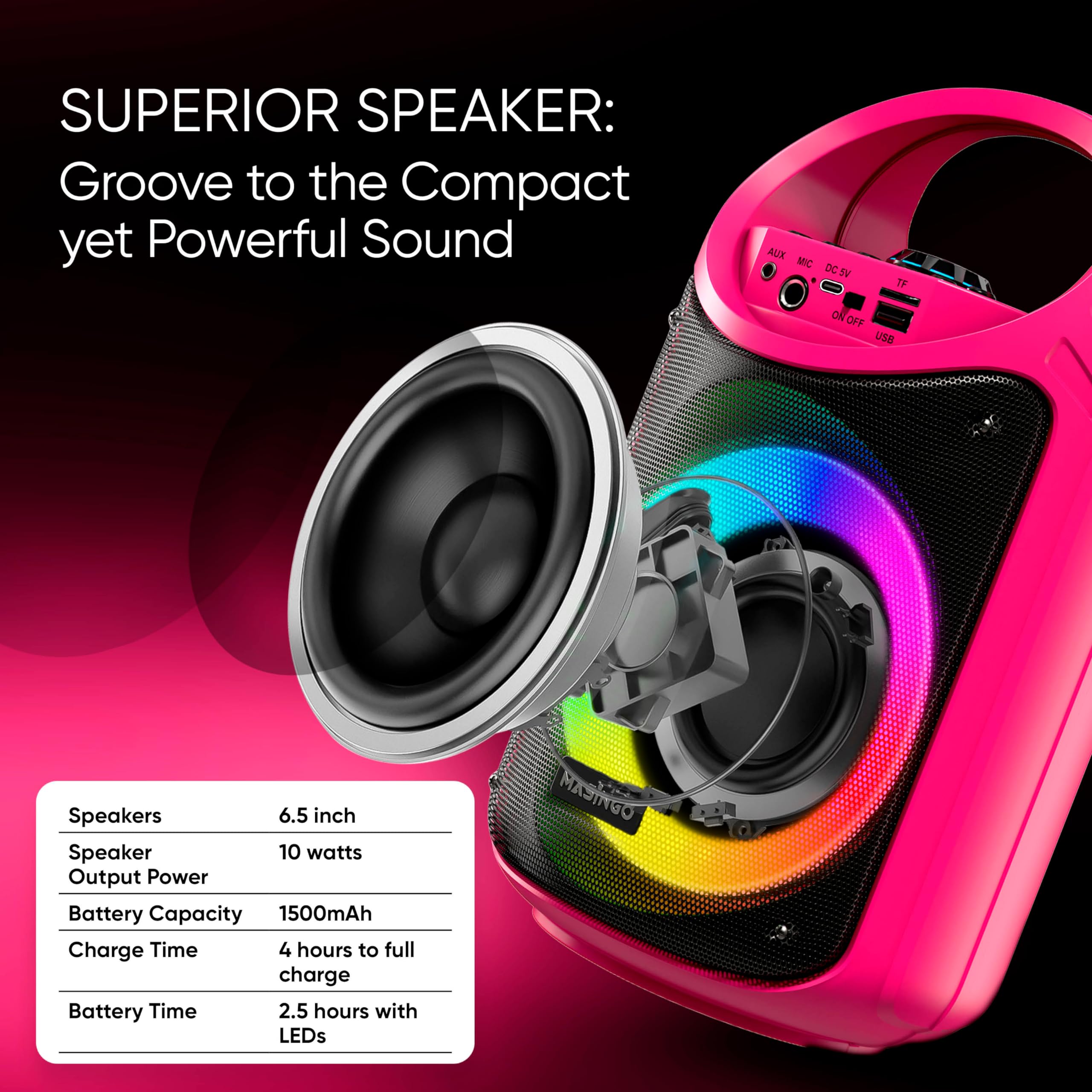 Masingo Karaoke Machine For Kids And Adults With 2 Wireless Bluetooth Microphones, Pa Portable Speaker With Colorful Led Lights,