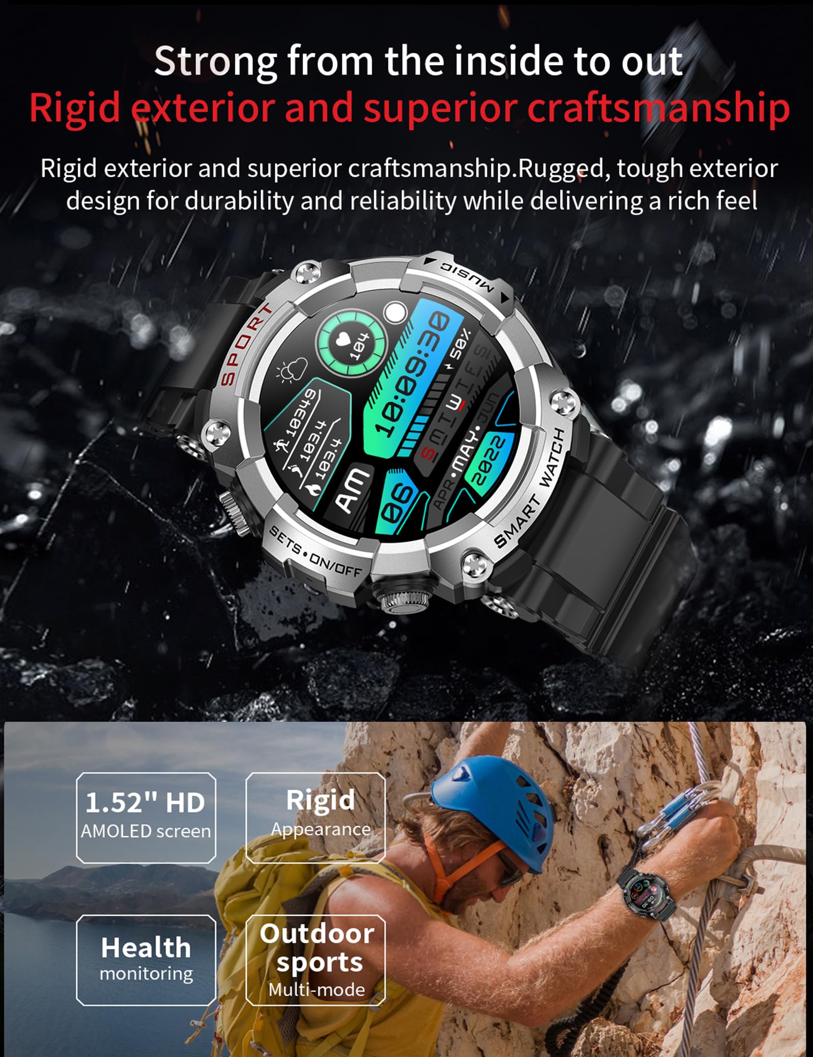 Atevix Smart Watch With Earbuds, 1.52 '' Hd Screen Smartwatch For Men, Rugged Military Bluetooth Call Fitness Tracker,3 In 1 Blu