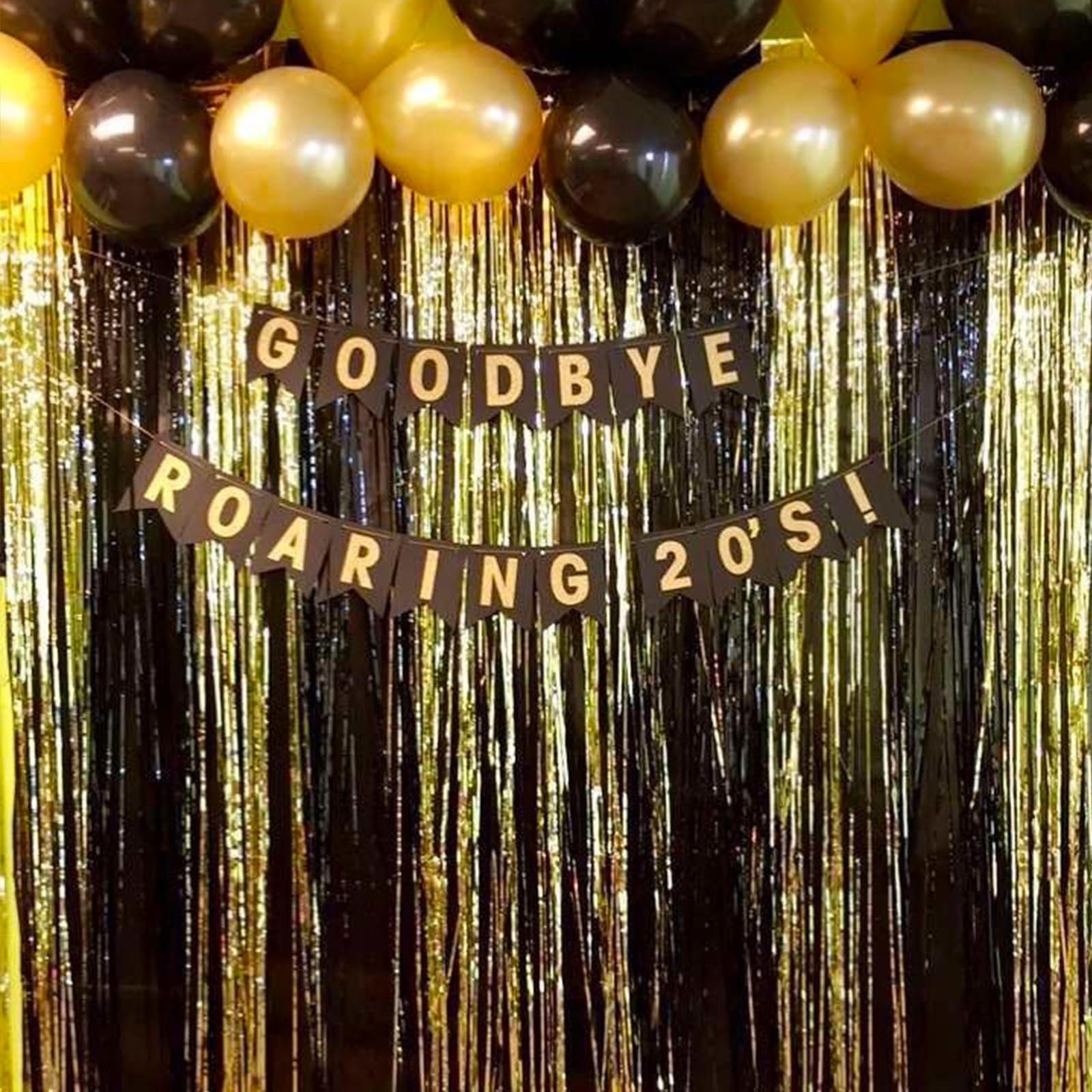 Canrevel 2 Pack 3.3X8.2 Feet Black And Gold Foil Fringe Backdrop Curtains, Tinsel Streamers Birthday Party Decorations, Fringe B
