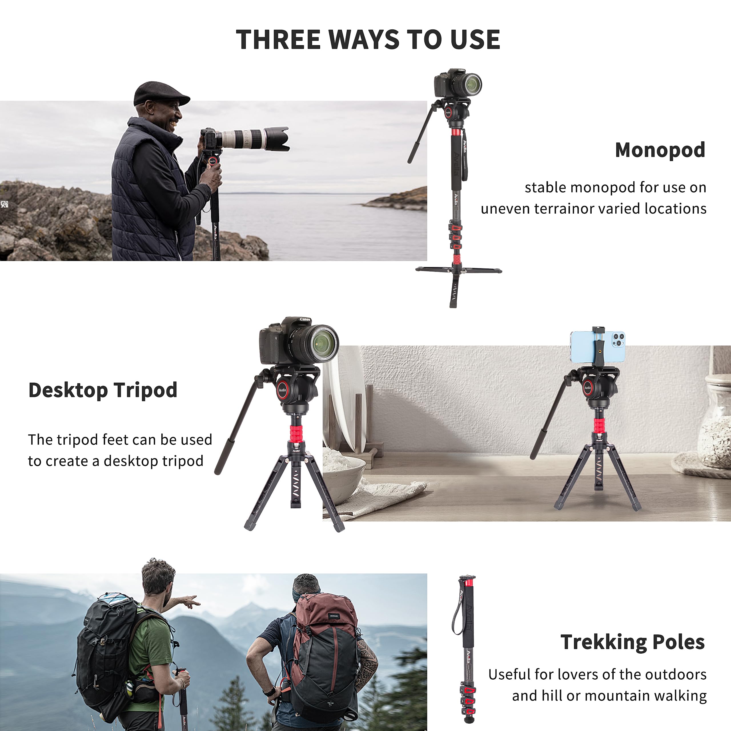 Avella Cd324 Carbon Fiber Video Monopod Kit, With Fluid Head And Removable Feet, 71 Inch Max Load 13.2 Lb For Canon Nikon Sony O