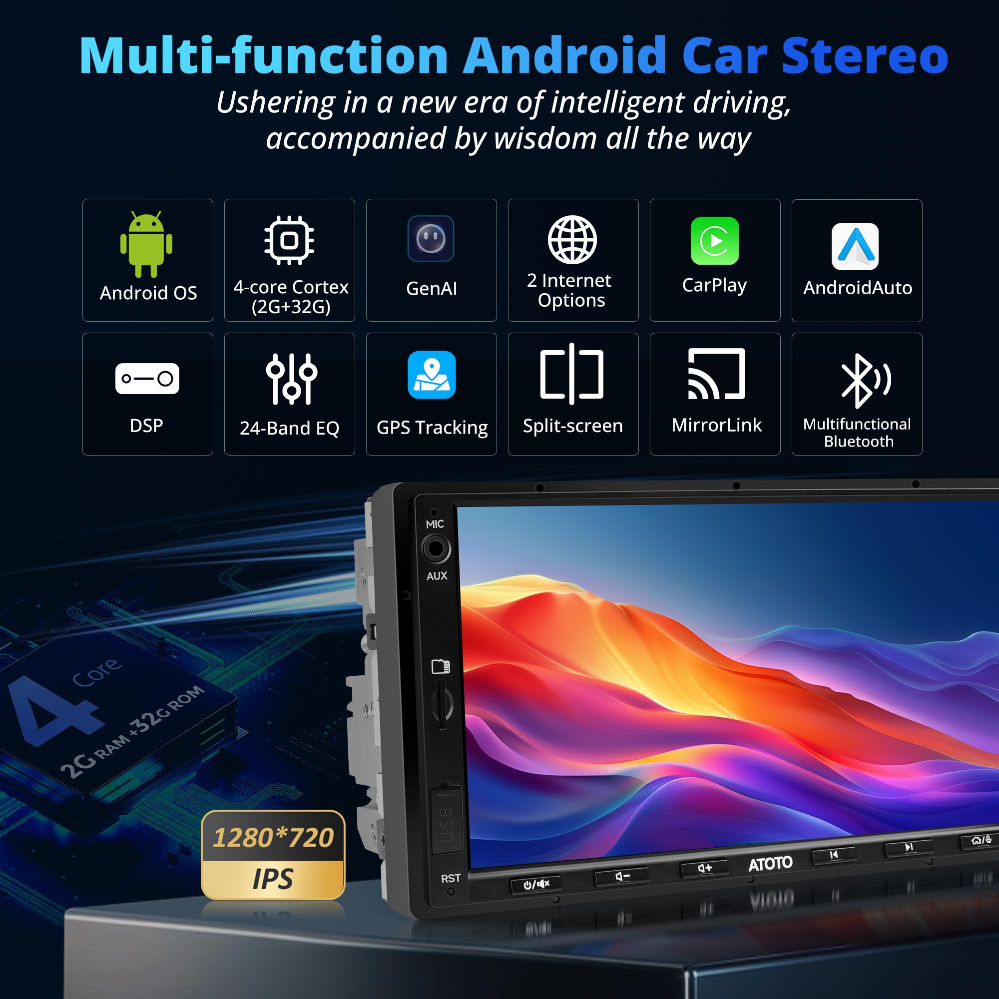 A5L Android Double Din Car Stereo With Obd Ii, Atotoexcel 7 Inch 1280 X720 Ips Touchscreen Double Din Radio, 2G+32G, Wireless Ca