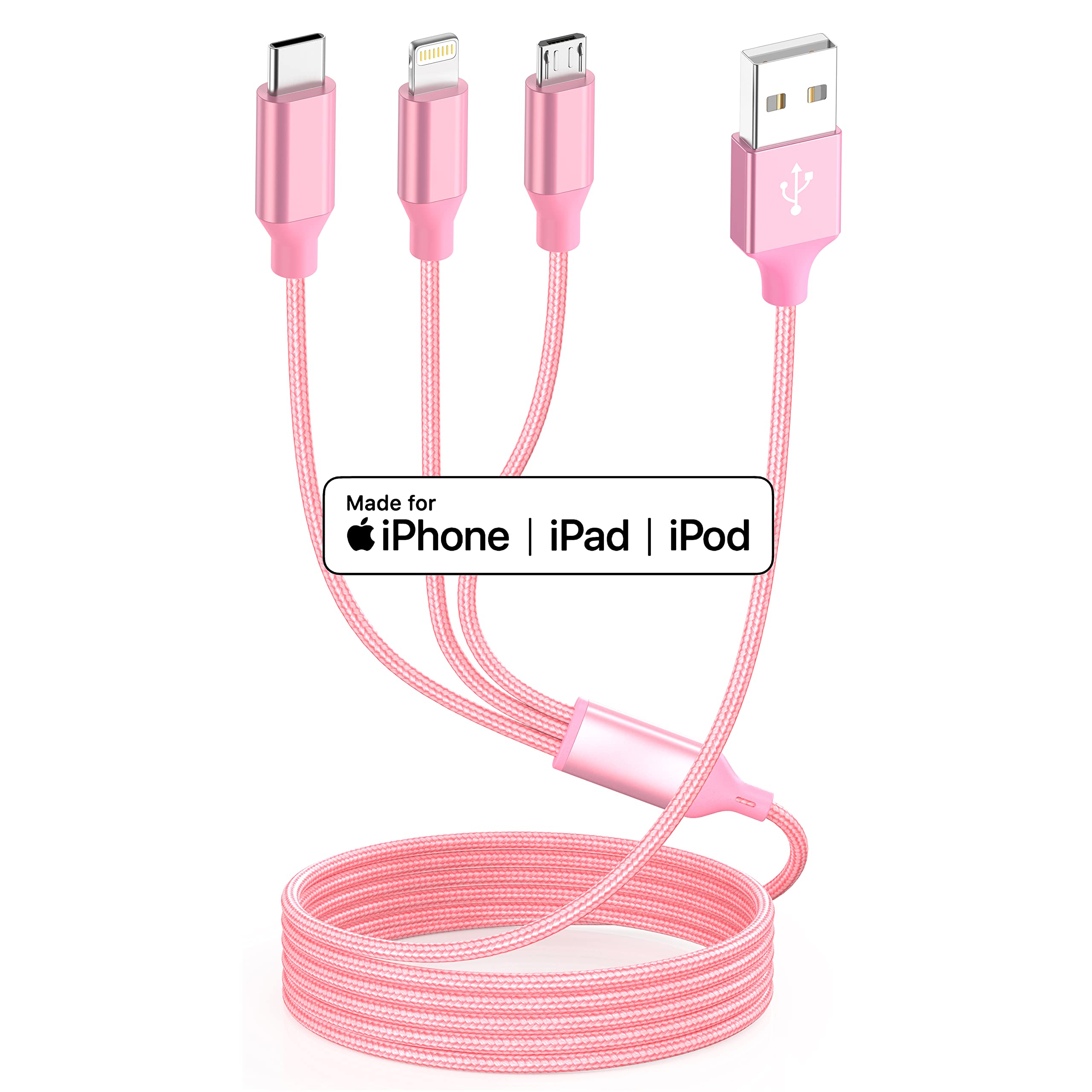 HYXing 3-in-1 Multi Charging Cable MFi Certified Type C Micro Lightning Metal 4ft