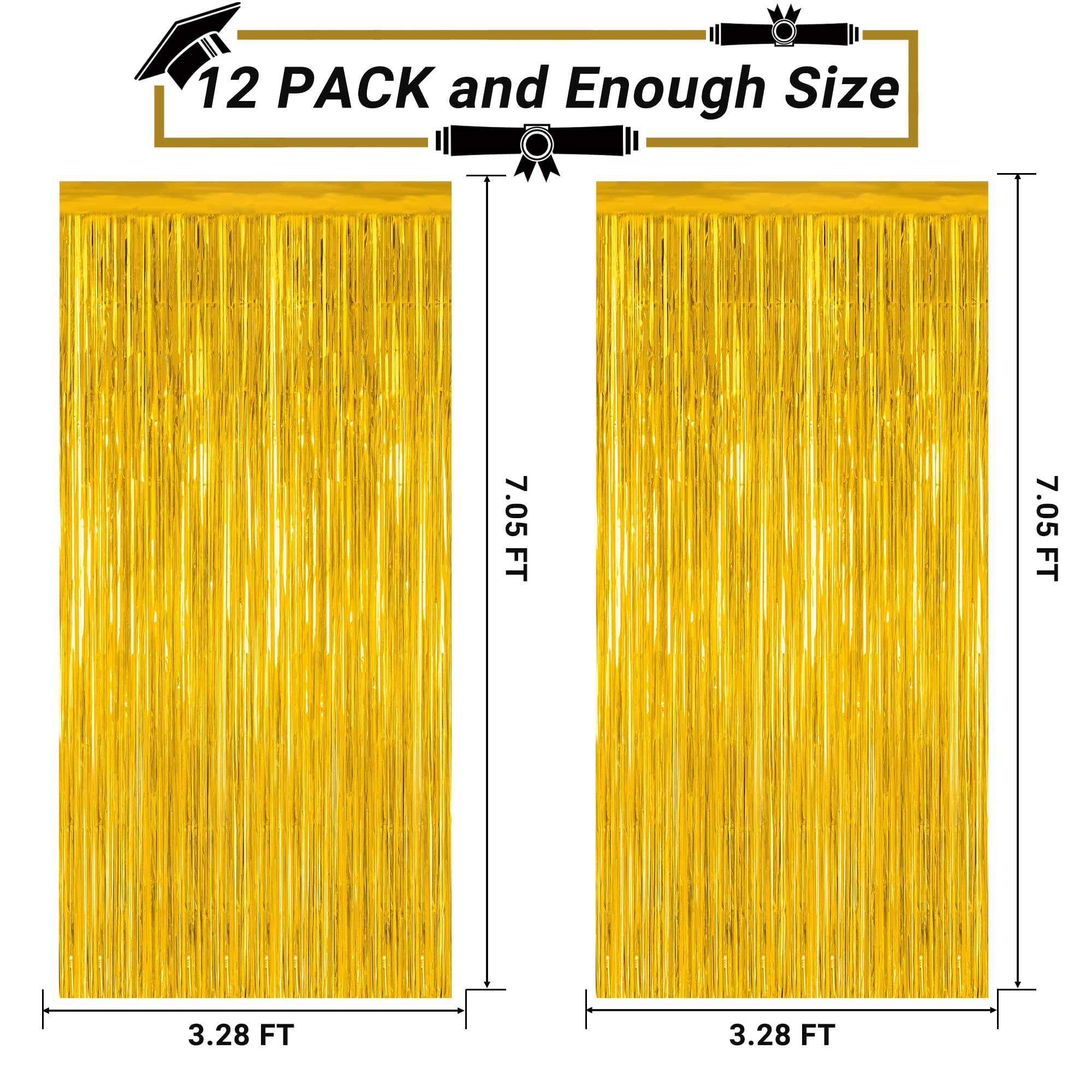12 Pack 2025 Graduation Decorations, 3.28 Ft X 7.05 Ft Gold Backdrop Curtains, Metallic Class Of 2025 Backdrop Fringe Curtains F