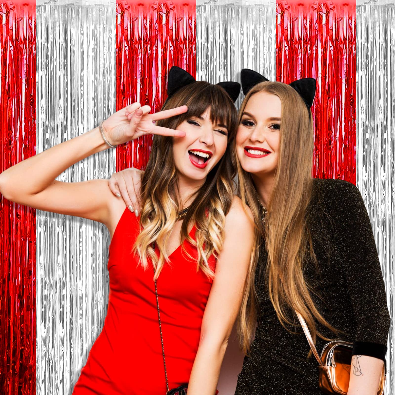 4 Pack Silver Red Foil Fringe Curtain Backdrop, 3.28Ft X 6.56Ft Metallic Tinsel Foil Fringe Streamers Curtains For Photo Booth,