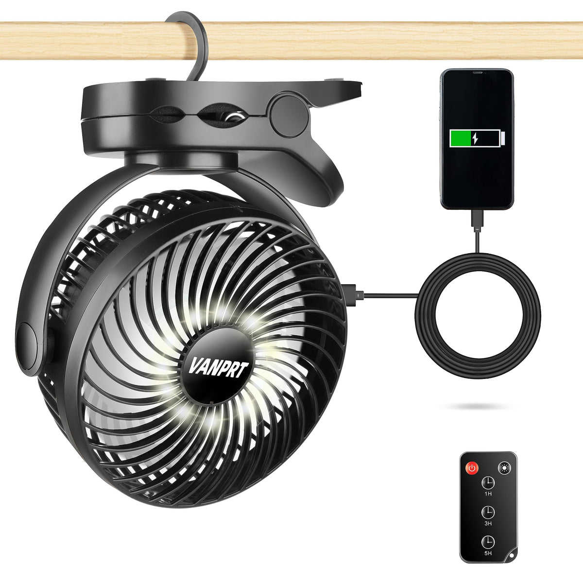 Vanprt 6'' Portable Hanging Rv Tent Fan With Remote Control,10000Mah Battery Camping Fan With Led Light And Timer, 40 Hours Work