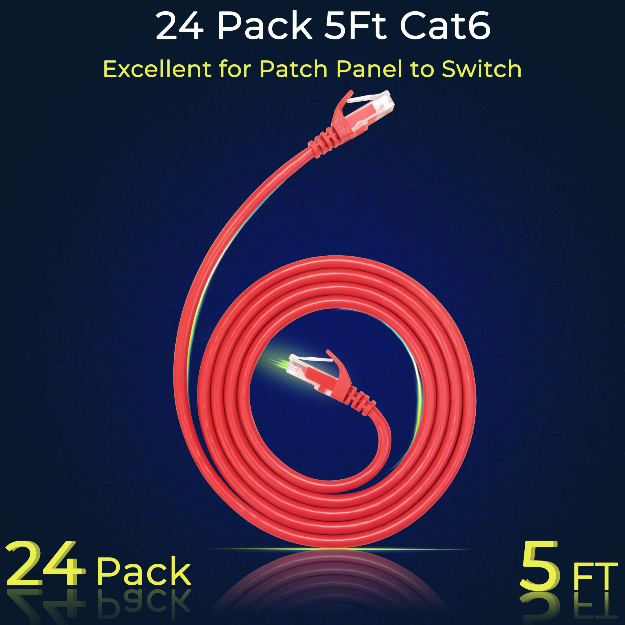 Rapink Patch Cables Cat6 5Ft (24 Pack), Ethernet Patch Cable 10G Support, Cat 6 Patch Cable For Patch Panel To Switch, Flexiable Cat 6 Ethernet Cable With Gold Plated Red