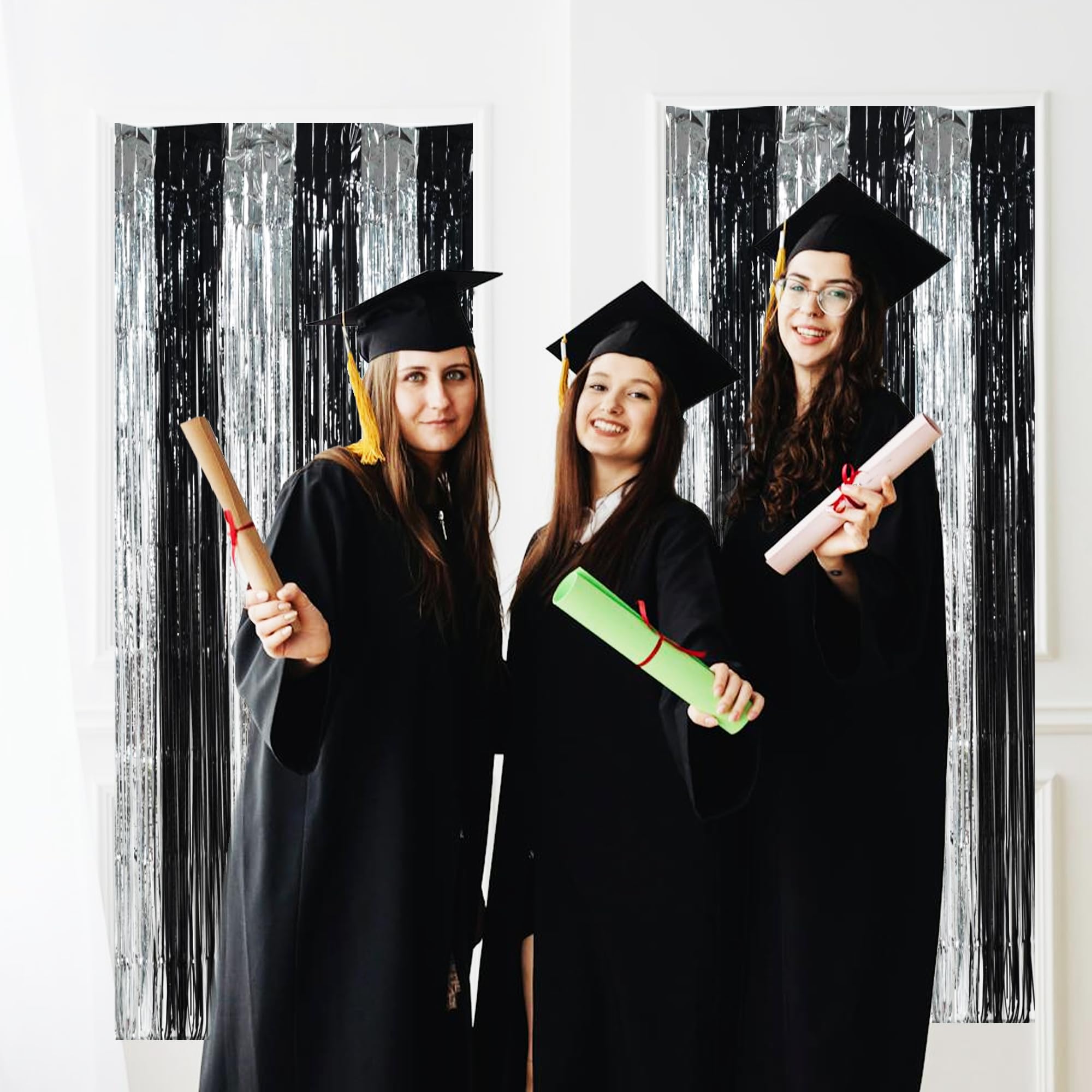 Toniful Silver Black Door Streamers,Silver And Black Photo Booth Backdrop Metallic Streamers Foil Fringe Curtain For Birthday,Ne