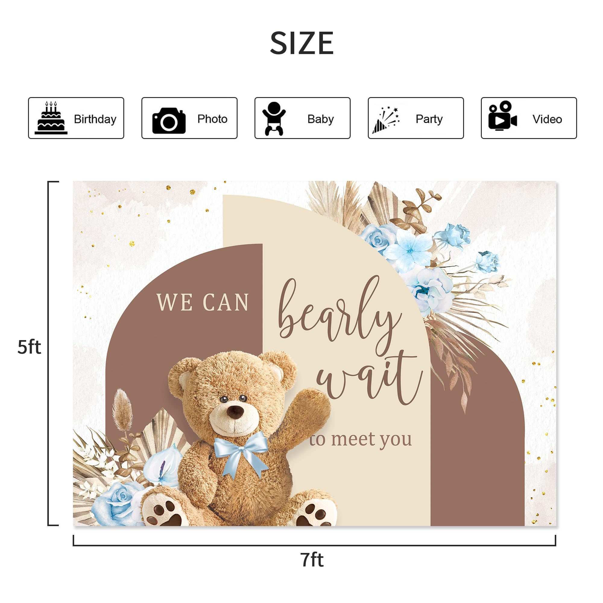 Lightinhome Bear Baby Shower Backdrop 7Wx5H Feet We Can Bearly Wait Cute Blue Brown Floral Pampas Grass Arch For Boys Kids Photo
